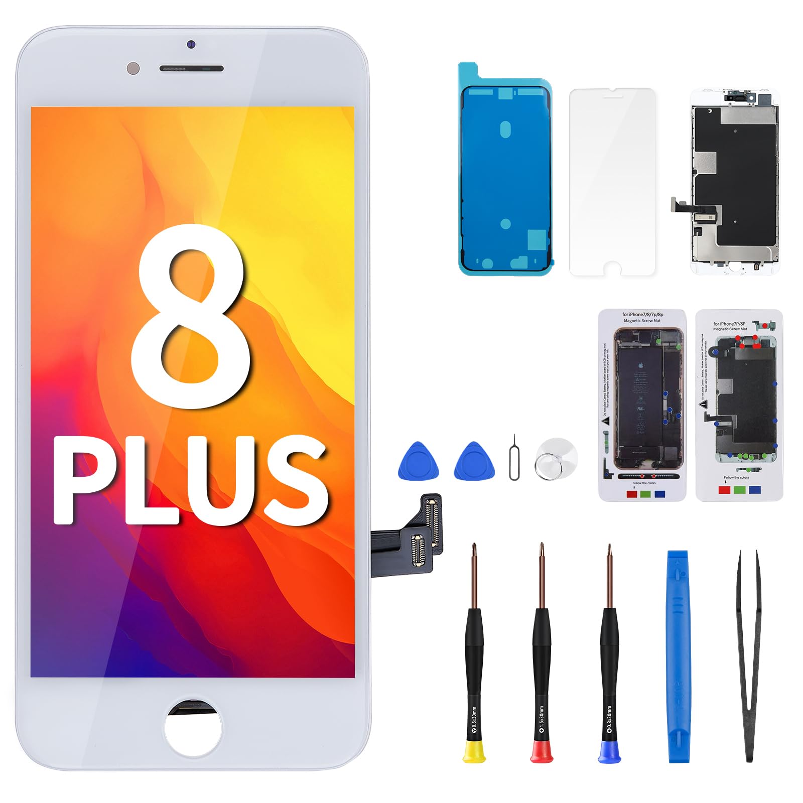 for iPhone 8 Plus Screen Replacement Kit 8plus LCD Display White 5.5" 3D Touch Digitizer Full Assembly Waterproof Adhesive Magnetic Screws Pad Fix Front Glass Repair Tools A1864, A1897, A1898