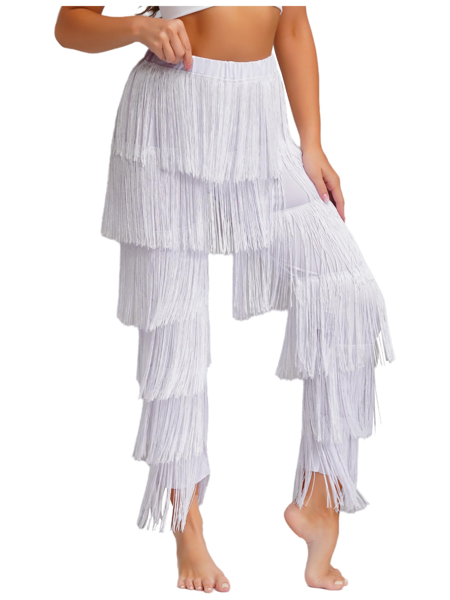iiniim Pantalones de Baile Latino para Mujer con Flecos, Traje Negro Elegante con Cintura Elástica, para Tango y Clases de Baile de Salón