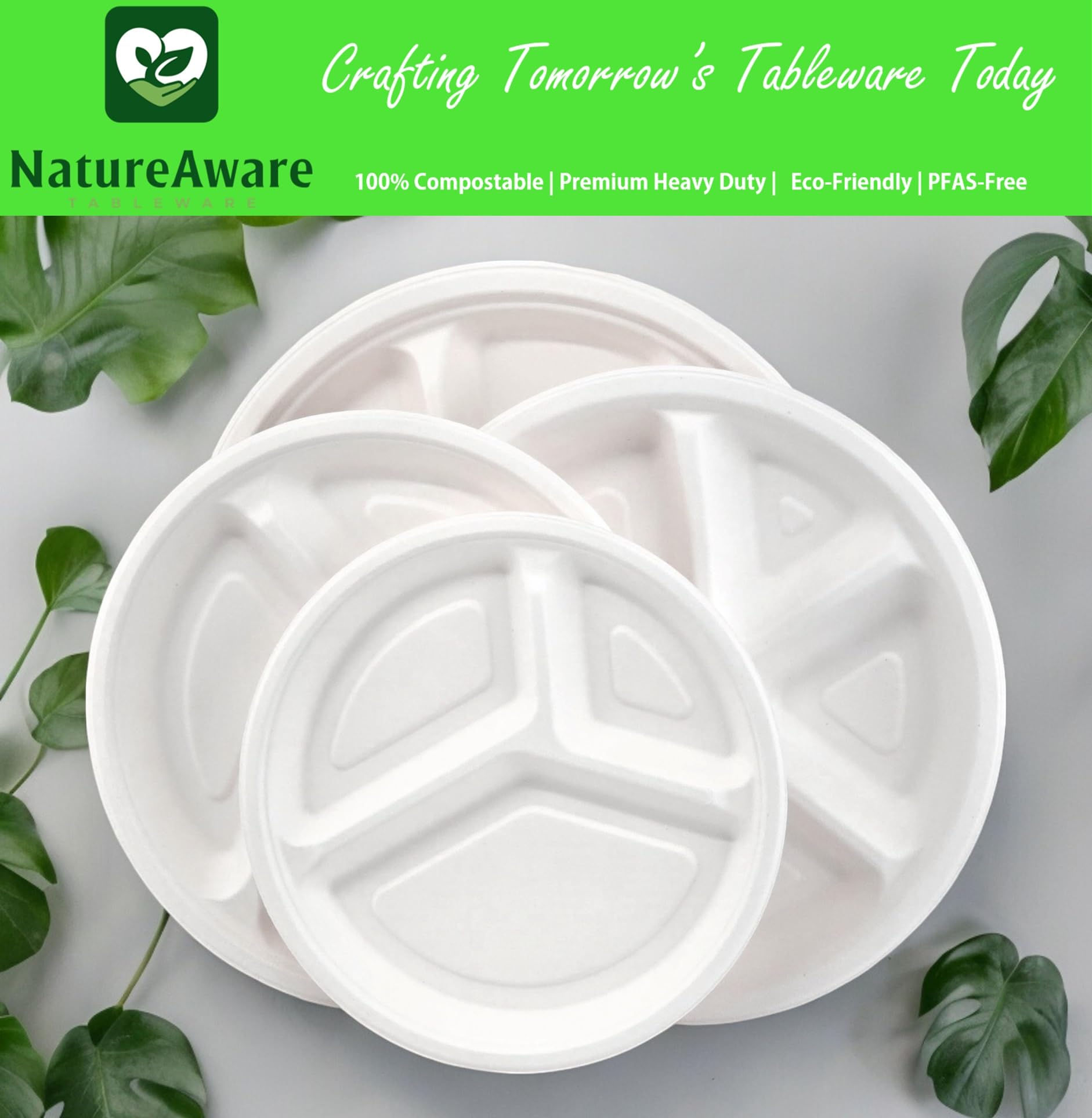 Platos redondos de papel blanco de alta calidad de 11 pulgadas con 4 compartimentos [paquete de 50] -100% compostables y ecológicos, desechables, resistentes, sin PFAS, hechos de bagazo de