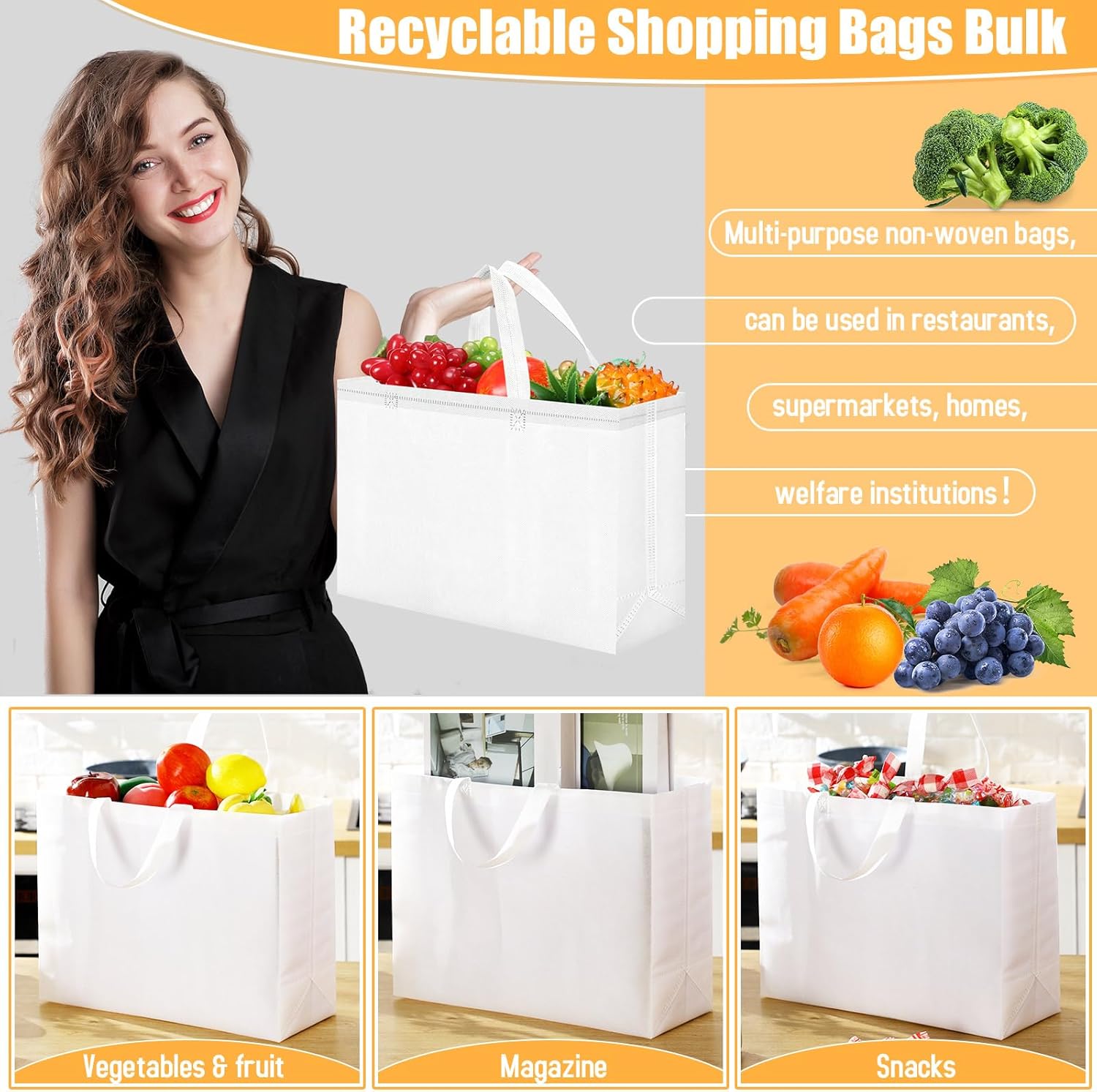 Windyun Reusable Grocery Bags Large Non Woven Shopping Bags with Handles Foldable Portable Tote, 16x6x12 Inch - Image 3