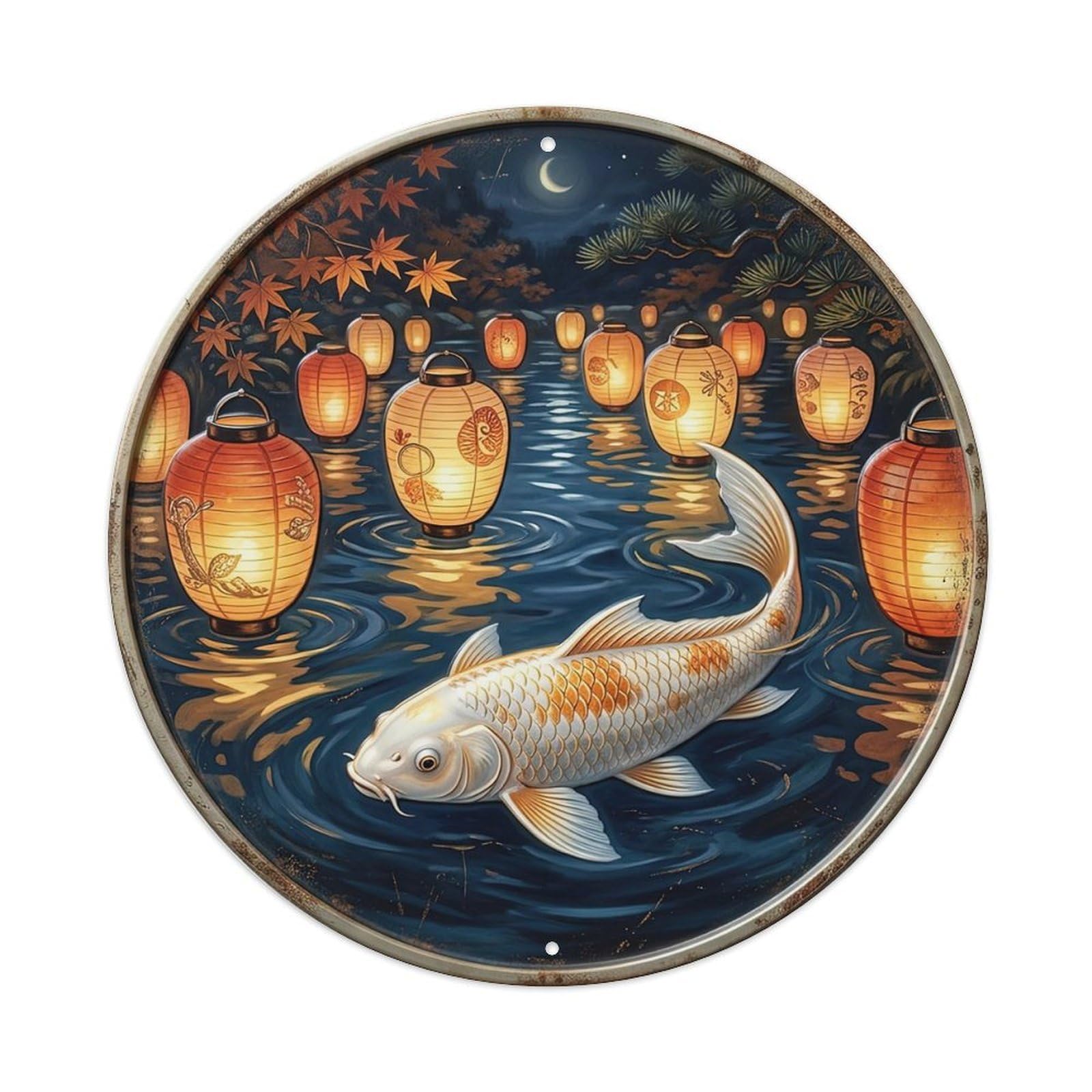 Paper Lantern Glow Koi Fish Metal Tin Sign Plaque Wall Decor for Cafe, Club, Garden Round Metal Poster 8x8Inch
