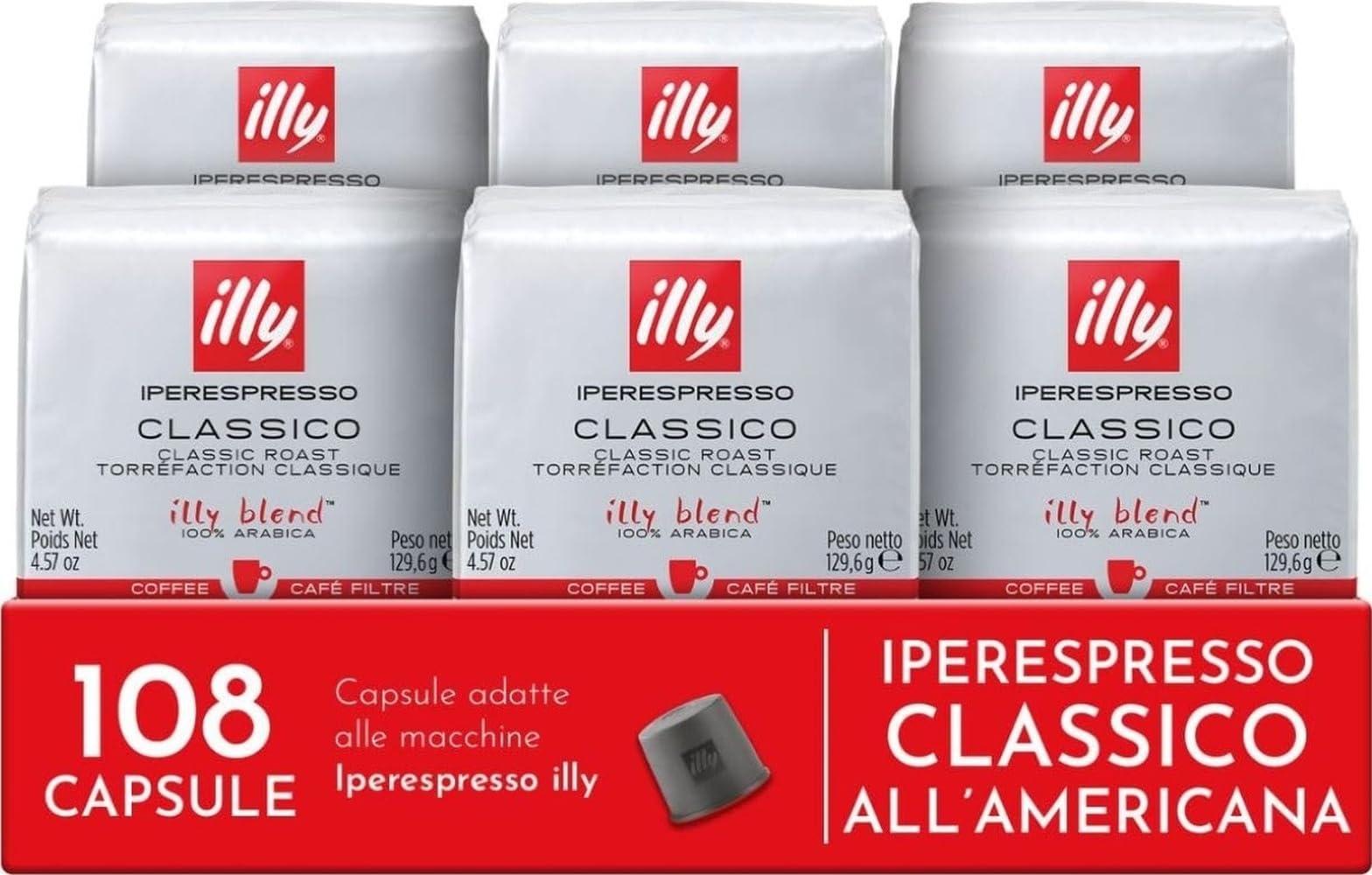 illy, Café Americano en Cápsulas Iperespresso CLASSICO, 108 Cápsulas | 100% Arábica con Notas de Azahar y Jazmín, Sabor Suave y Sabor Final Dulce, 6 Paquetes de 18 Unidades