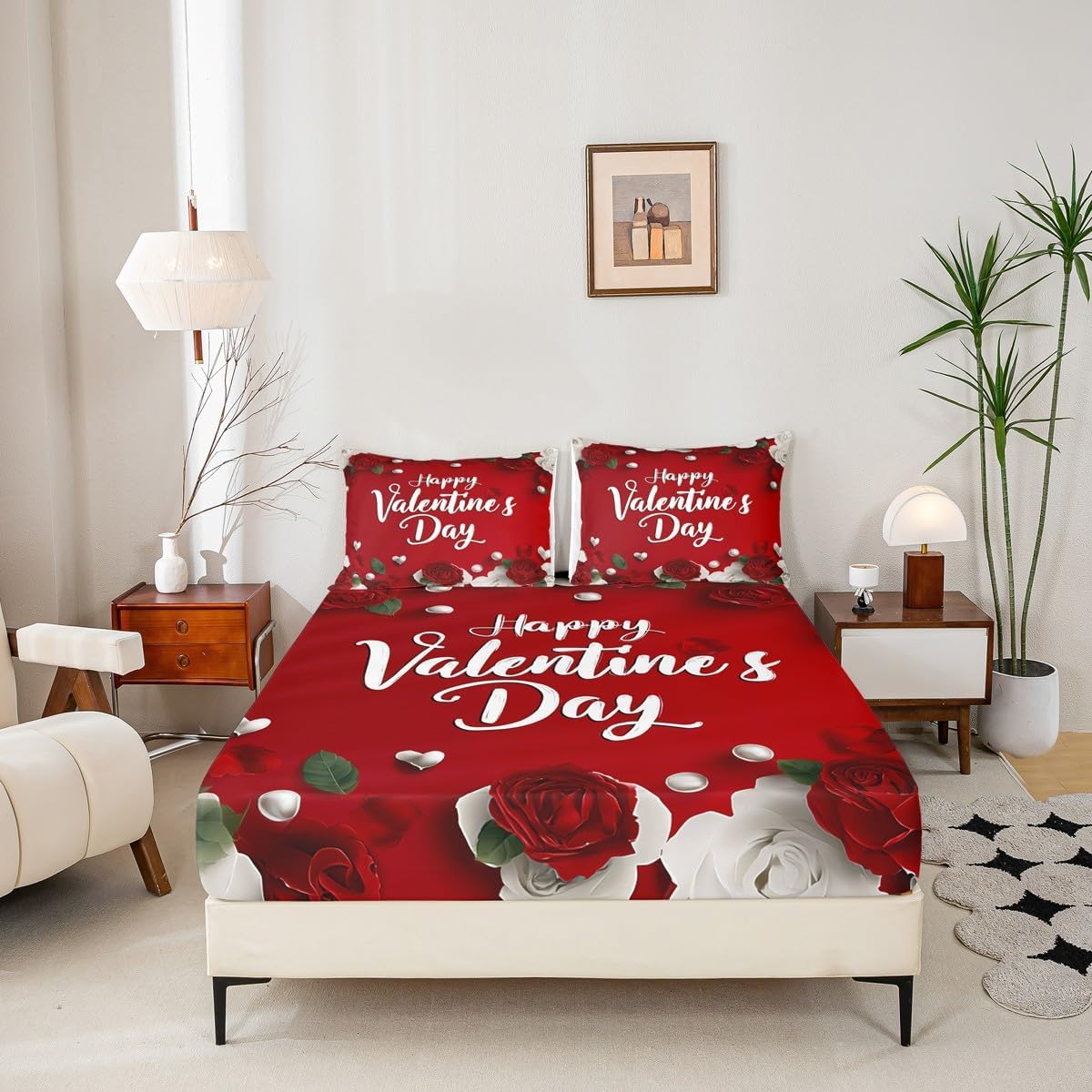 Happy Valentine's Day Sheet Set Queen Size Red Rose Floral Bedding Set 4Pcs for Women Men Adults Room Decor Wedding Romantic Deep Pocket Sheet Red White Patchwork Top Flat Sheet,2 Pillowcases