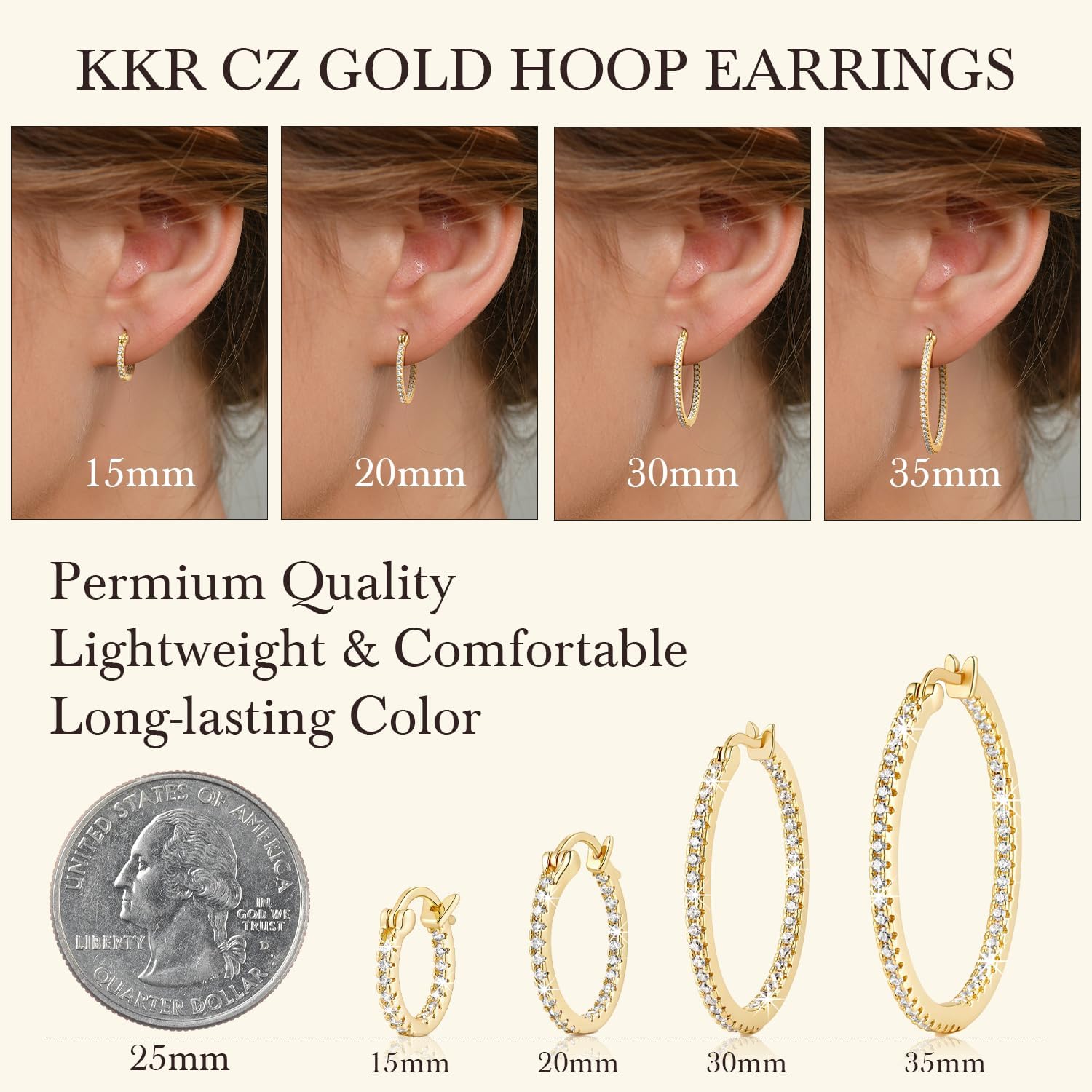 KKR 14K Gold Earrings for Women Gold Hoop Earrings for Women 14K Gold Hoop Earring for Womens Hoops Double Sparkle Cubic Zirconia on Both Sides Hoops Earring for Womens 15/20/30/35mm
