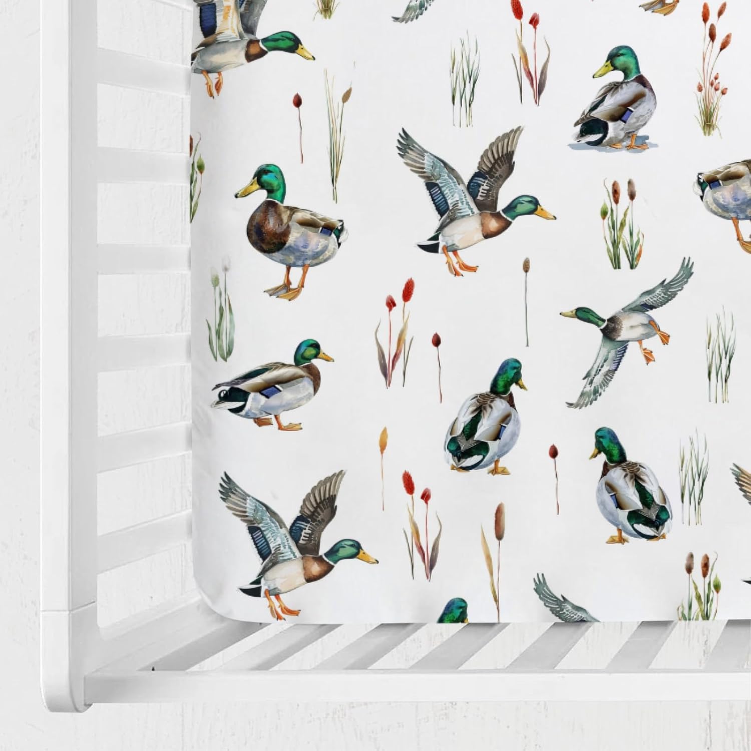 Mallard Duck Hunting Baby Crib Mattress Sheet 52''x28'' Baby Duck Hunting Nursery Decor Snug Fitted Sheet for Standard Crib Toddler Mattress