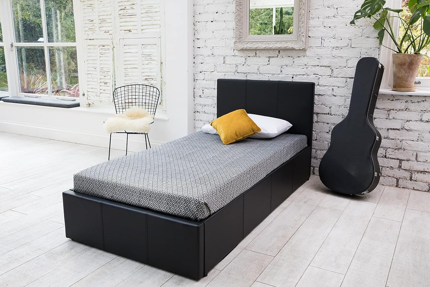 SANA SLEEP 3FT Single Size Modern Pia Ottoman Gas Lift Storage Faux Leather Bed with Mattress- Black