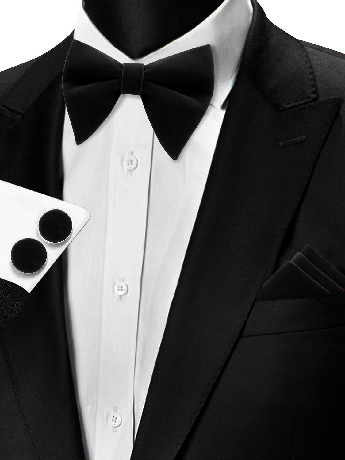 Mantieqingway Oversized Velvet Bow Ties for Men Black Bow Tie Sets Pre-tied Bow Tie with Pocket Square Cufflink Set for Men