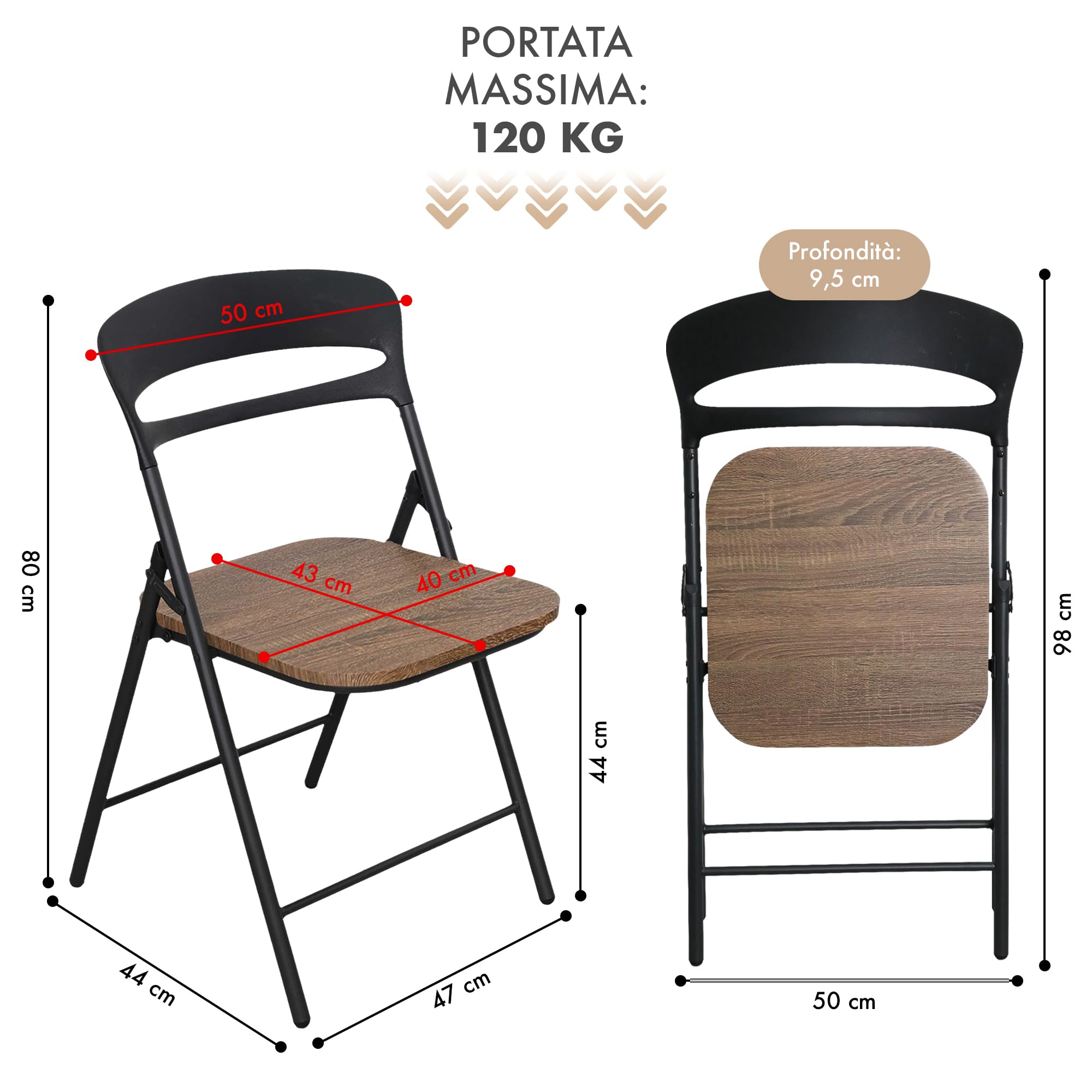 IlGruppone Set di 4 Sedie Pieghevoli Moderne Struttura in Metallo Verniciato a Polvere, Seduta in Legno e Schienale in Polipropilene Eleganti, Resistenti e Confortevoli,Portata 120 kg - Marrone