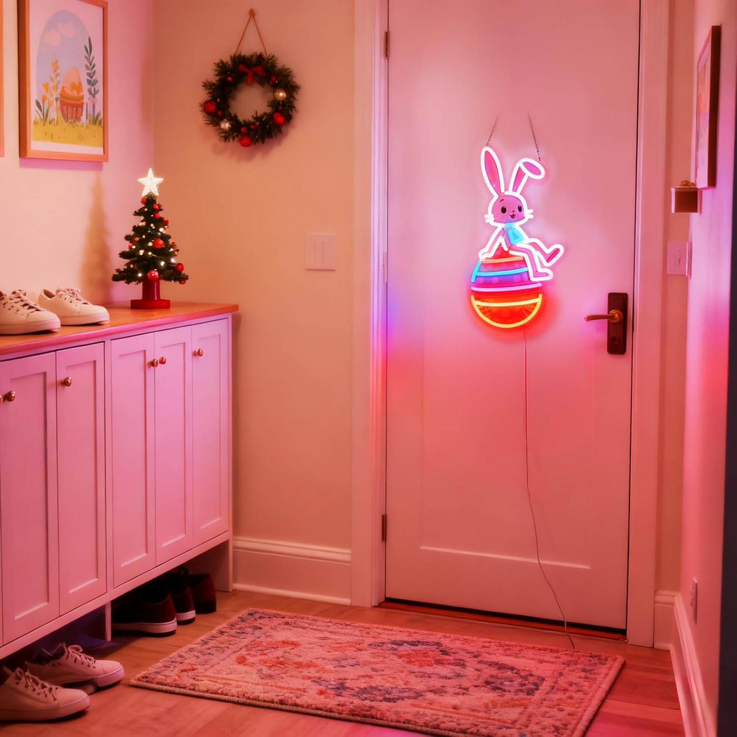 Easter Egg Neon Sign with Bunny - 17.3"x9.4" Easter Decorations LED Neon Light for Wall, USB Powered with 5-Level Dimmer, Spring Rabbit Holiday Decor for Home, Party, Kids Room