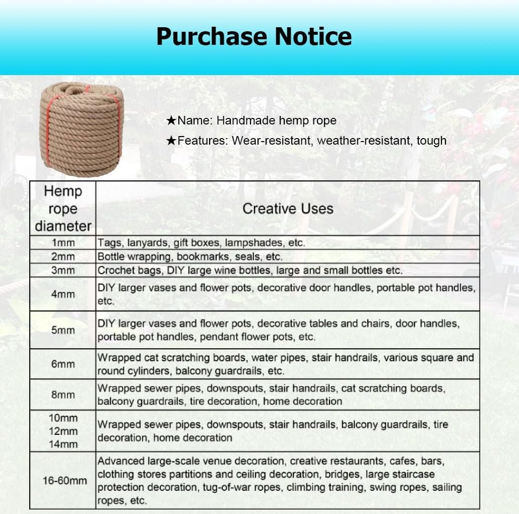 1-60 mm Natural Jute Rope, Multipurpose Twisted Hemp Rope for Swing Hammock Climbing Decor Docks Crafts Landcaping Tug of War(1mmx800m)