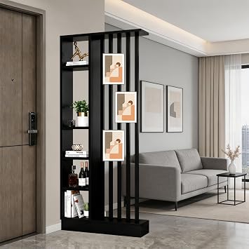 Wall Room Divider Modern Room Divider with Shelves Entrance Hall Partition Screen Column Floor to Ceiling Wall Room Dividers with Storage Shelves,Black+Black,L31W9H81