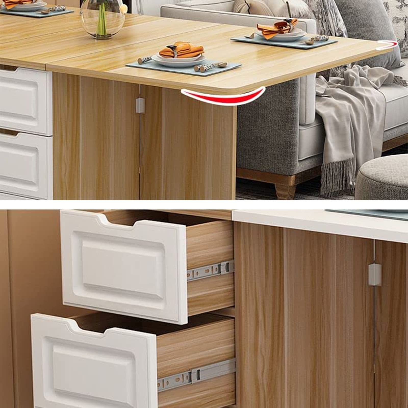 Table de Salle à Manger Pliante rectangulaire en Bois multifonctionnelle avec tiroirs de Rangement, Table de Cuisine Peu encombrante, Table de Salle à Manger pour Petit Appartement