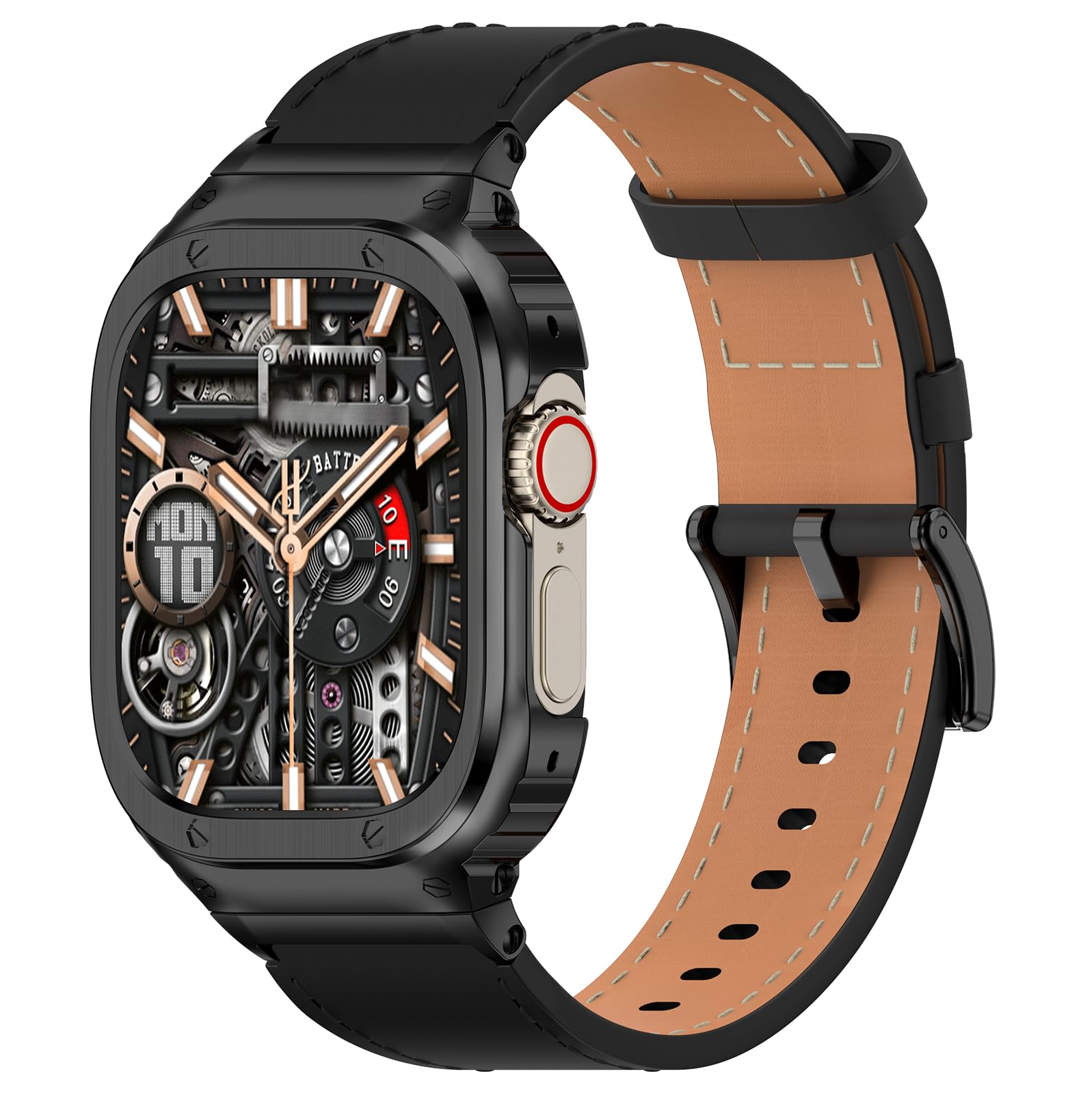 SUPLINK Stainless Steel Case and Band Compatible with Apple Watch Band 38mm 40mm 41mm 42mm 44mm 45mm 46mm 49mm,Leather Strap Metal Case for iWatch Series Ultra 10 9 8 7 6 5 4 3 2 1 SE Men