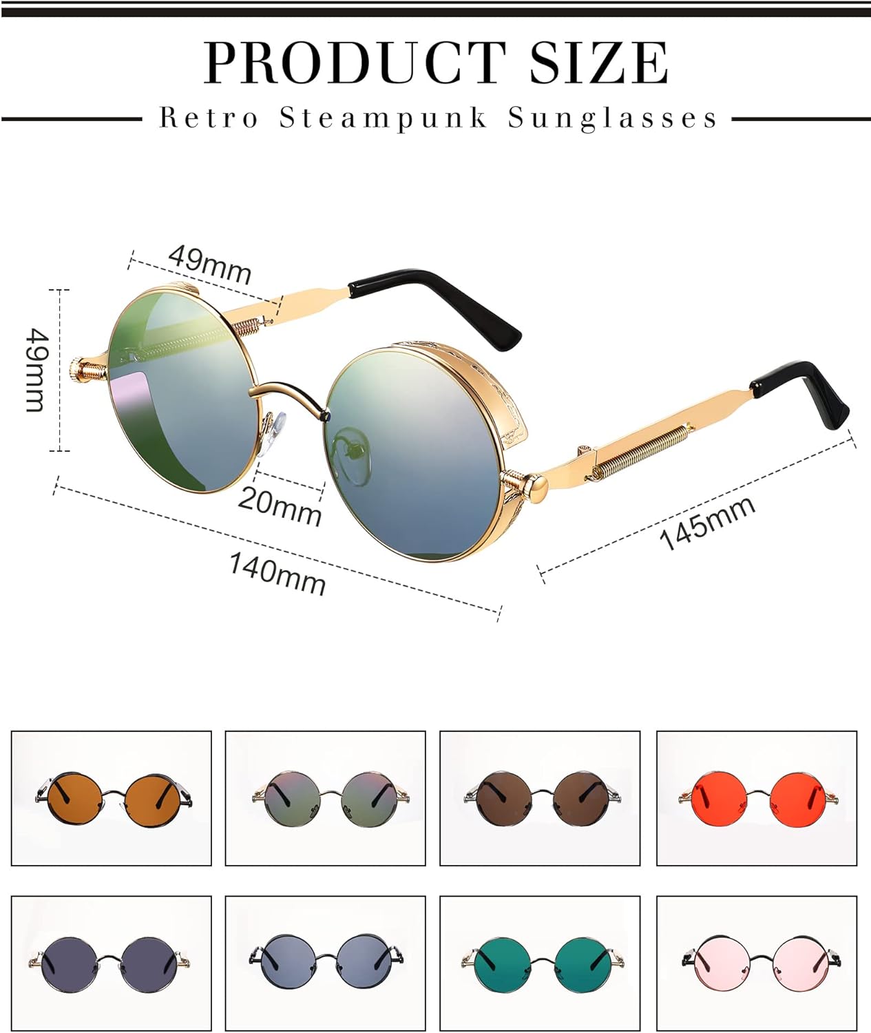 Coume 8 Pcs Retro Round Steampunk Sunglasses Gothic Sunglasses Hippy Glasses Circle Metal Frame Glasses for Men Women - Image 2