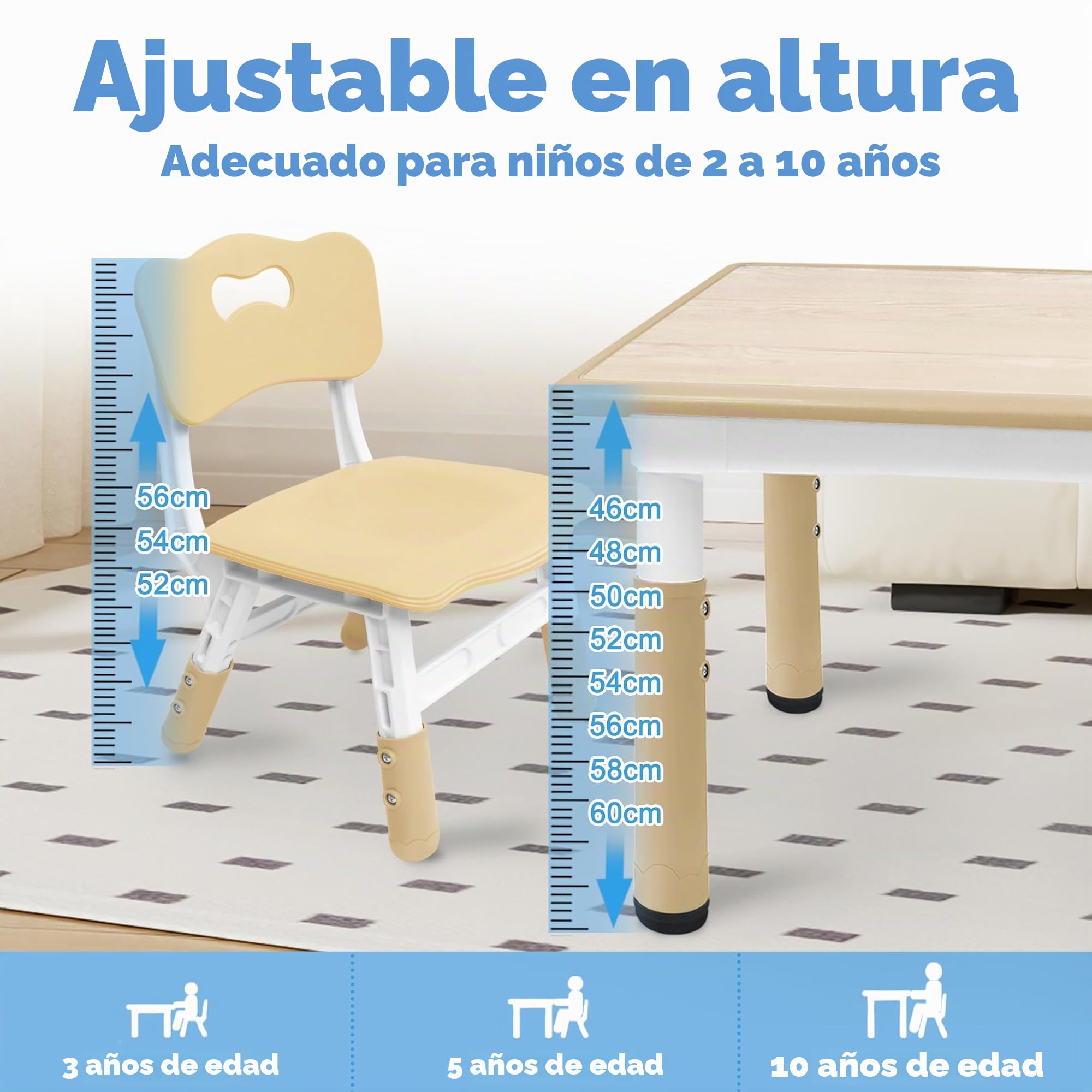 UISEBRT - Mesa infantil con 4 sillas, juego de asientos ajustables en altura, para niños a partir de 2 años, mantel de plástico, muebles para jardín de infantes y dormitorio infantil (color madera