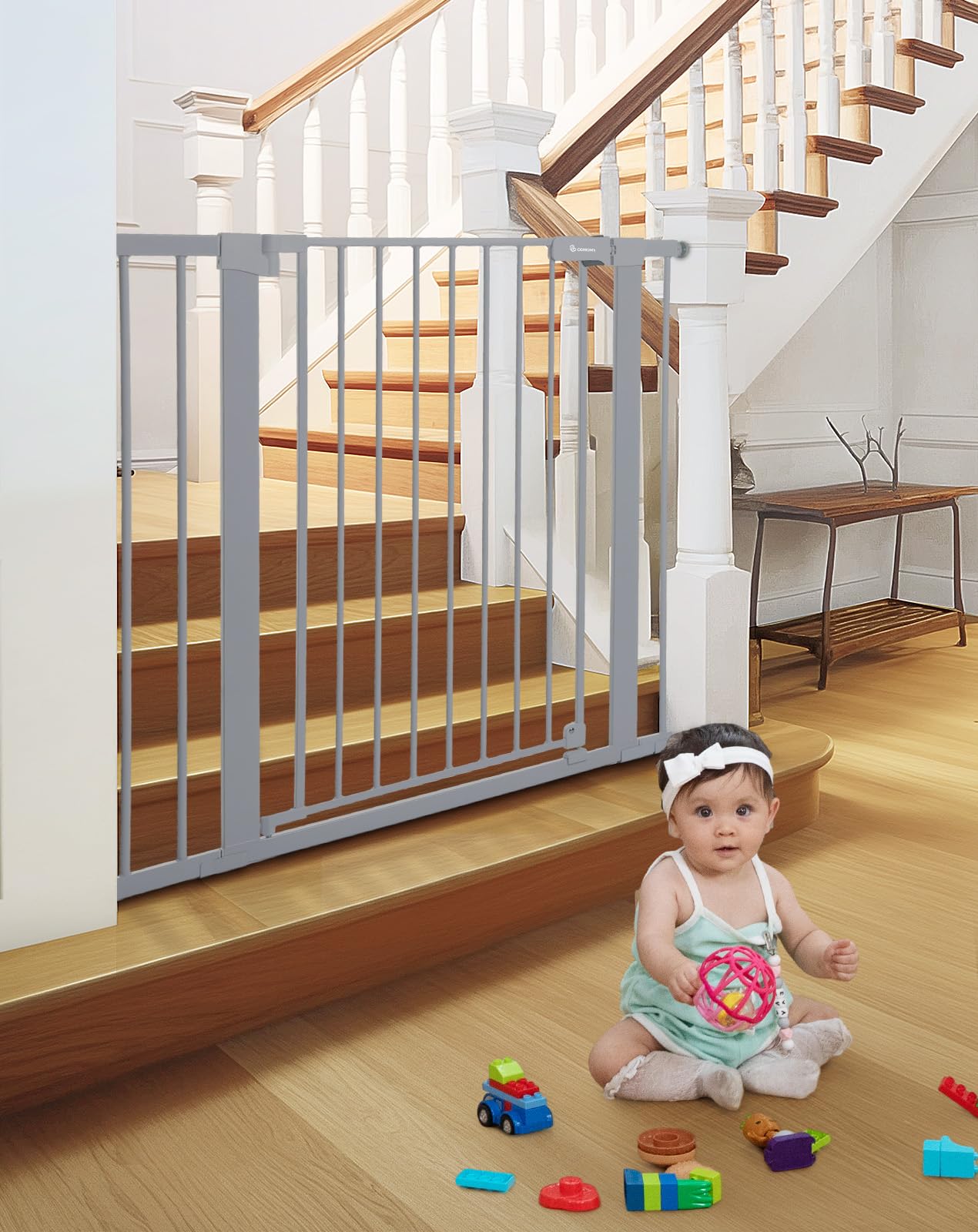 COMOMY Türschutzgitter Extra Hoch, 75-103cm Treppenschutzgitter ohne Bohren, Türgitter mit 2 Verlängerungen für Baby, Kinder, Hund und Katze, 91,5cm Hoch - Grau