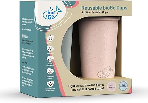 Miniatura 9 de bioGo Tazas de café reutilizables de 16 onzas (paquete de 2)  Rosa desvanecido y gris pastel, aptas para microondas y lavavajillas