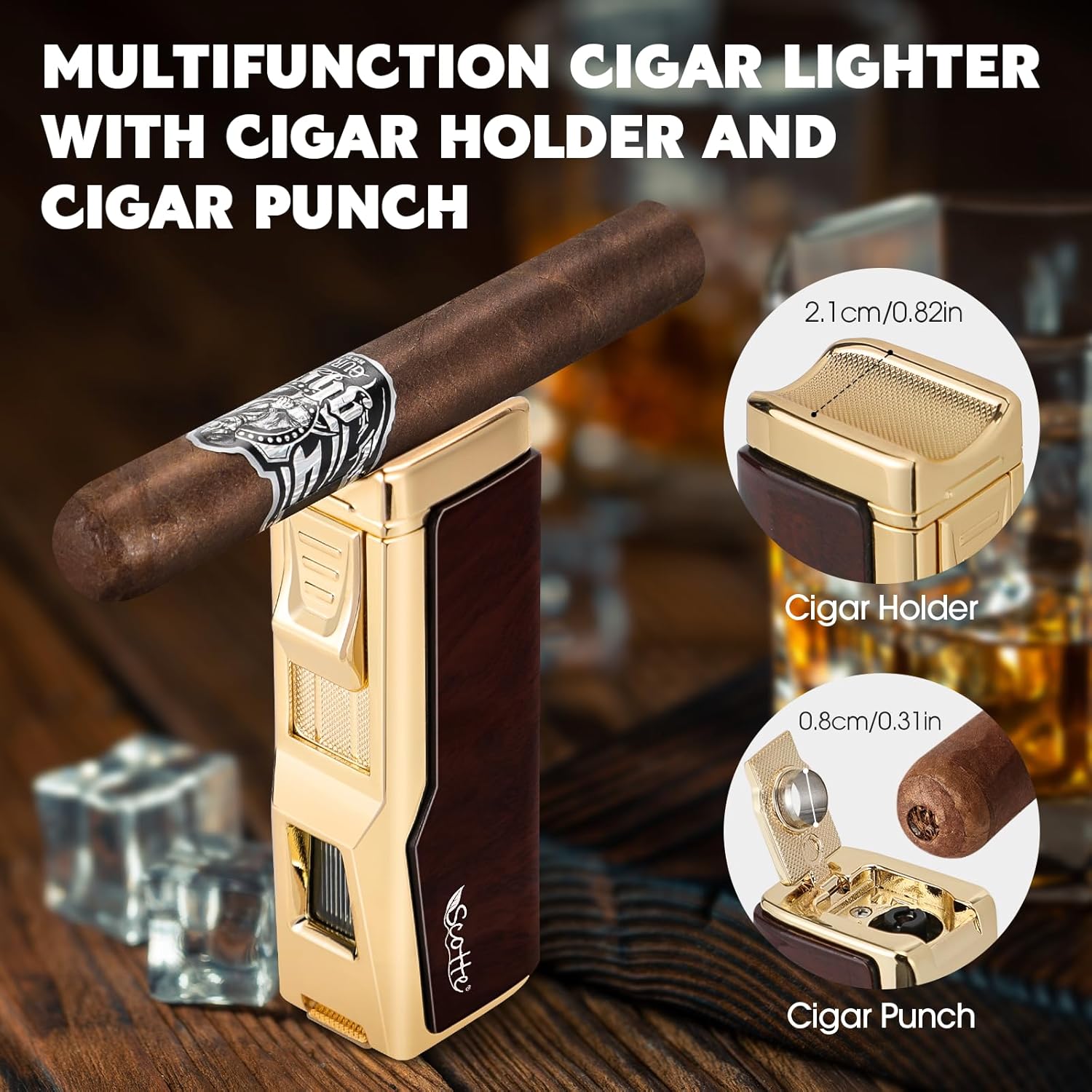 Scotte Cigar Humidor Box, Cigar Lighter Cedar Wood Lined Leather Cigar Case Built in Hygrometer & Humidifier, Torch Lighter with Cigar Holder Cigar Punch Portable Travel Cigar Humidor (Smooth Brown)