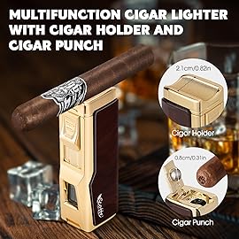 Scotte Cigar Humidor Box, Cigar Lighter Cedar Wood Lined Leather Cigar Case Built in Hygrometer & Humidifier, Torch Lighter with Cigar Holder Cigar Punch Portable Travel Cigar Humidor (Smooth Brown)