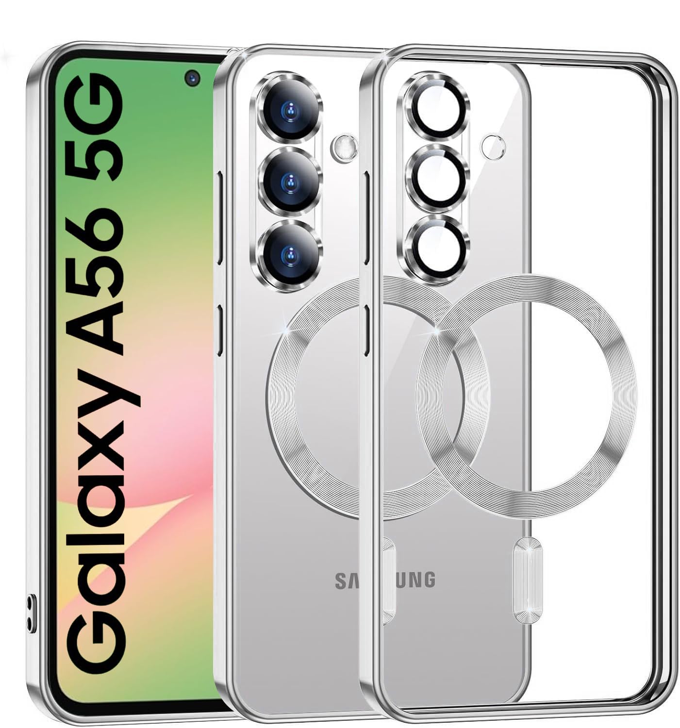 VONZEE Clear Logo Electroplating Transparent Case for Samsung Galaxy A56 5G, Magnetic Plating Electroplate TPU Cover, Individual Camera Protection for Each Lens- Silver