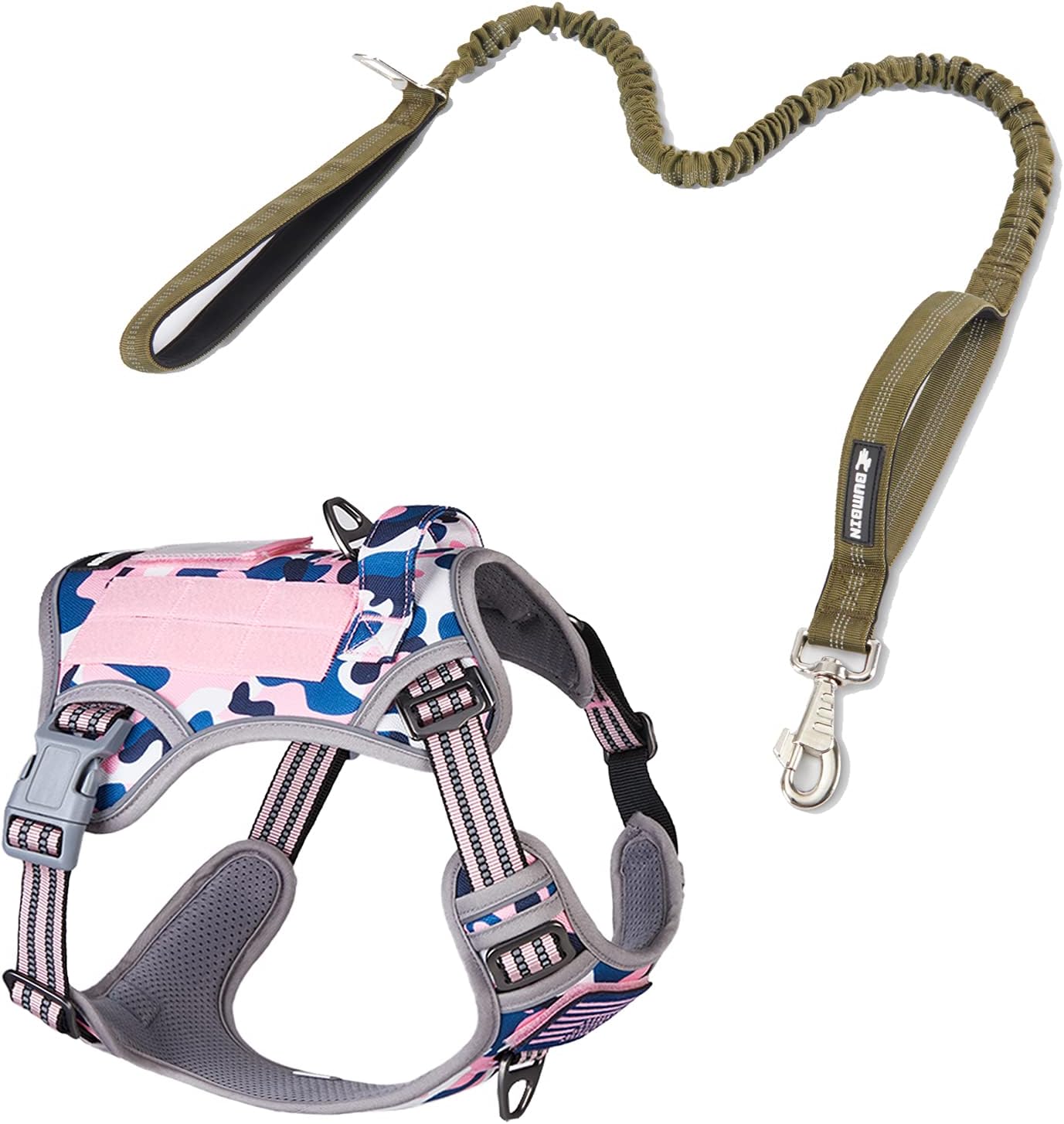 BUMBIN Dog Harness for Large Dogs No Pull, Tactical Dog Harness, with Handle, Adjustable Dog Vest Harness, 6Ft Bungee Dog Leash Large Dogs, No Pull Shock Absorbing Dog Leash with Car Seat Belt