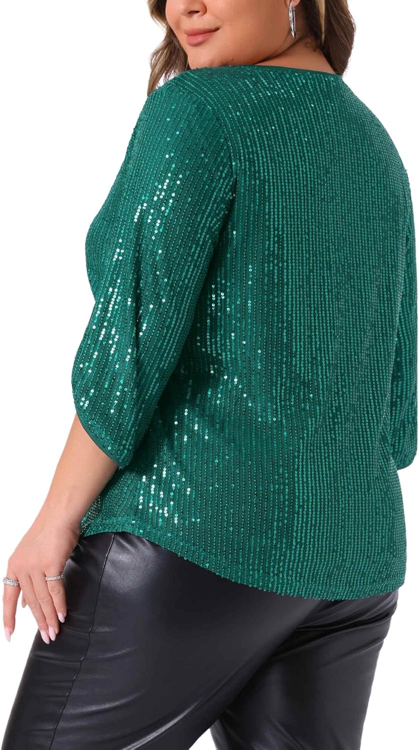 Agnes Orinda Plus Size Tops for Women 2025 Glitter 3/4 Slit Sleeve Crew Neck Shimmer Sparkle Sequin Party Blouse Tops - Image 4