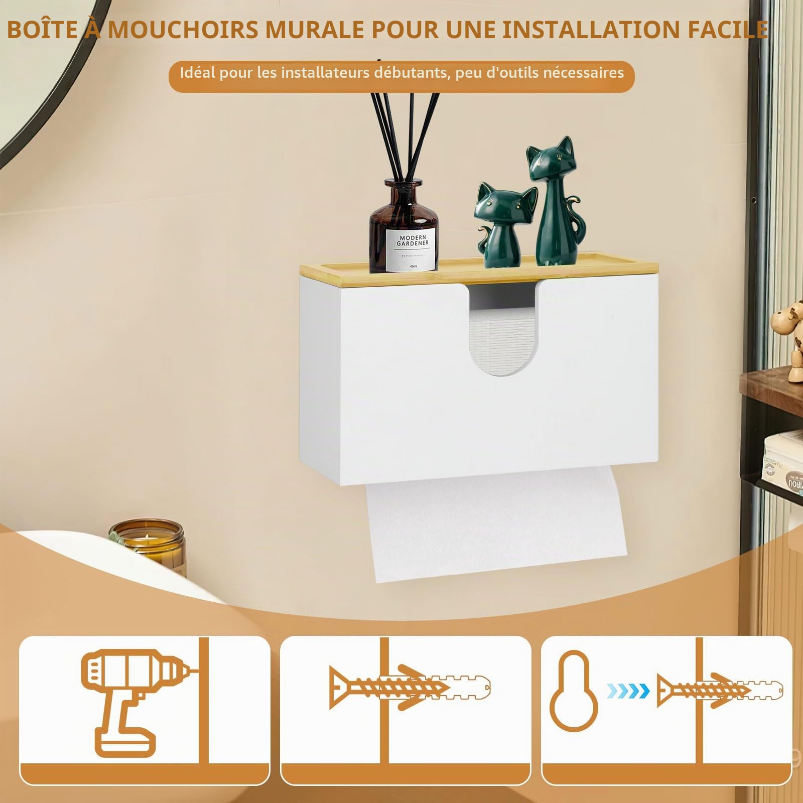 Distributeur de Serviettes en Papier Mural, 27,5 x 16 x 13cm Distributeur Essuie Main Mural en Bambou, Porte Serviette de Table Feuille à Feuille avec Couvercle pour Salon