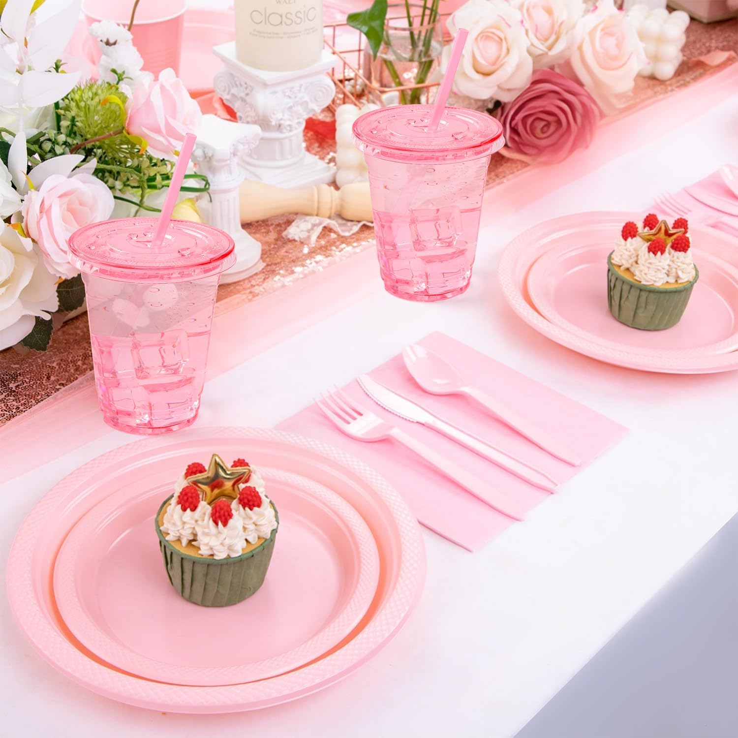 100 Set Pink Plastic Cups with Lids and Straws 12 oz Disposable Drinking Clear Cups for Wedding Pink Birthday Party Supplies - Image 6