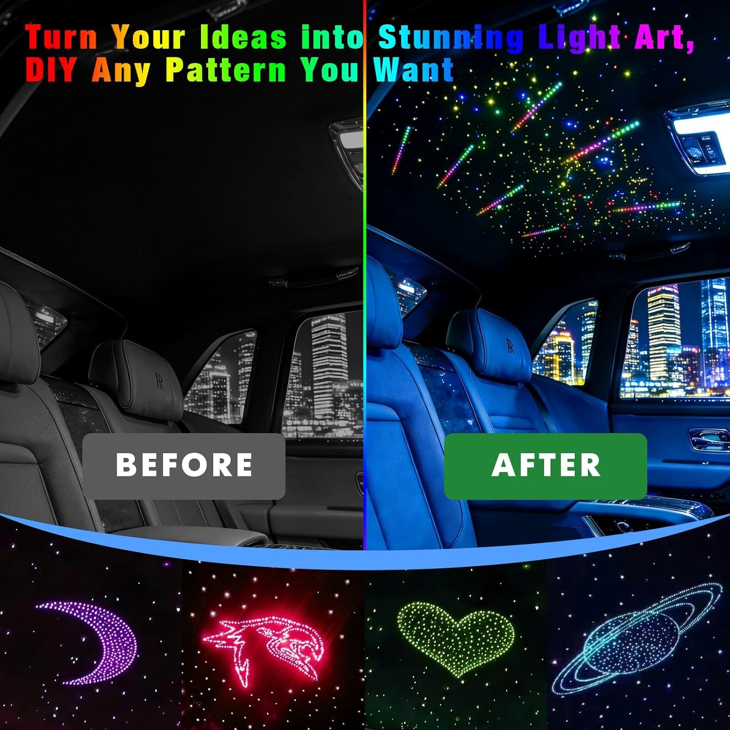 4Port 36W Twinkle Starlight Headliner Kit with RGBW Meteor 2000pcs 0.03in 13.1ft Fiber Optic Light 4Colors Sound Activated Remote APP Control Home Indoor Ceiling Car Headliner Decoration
