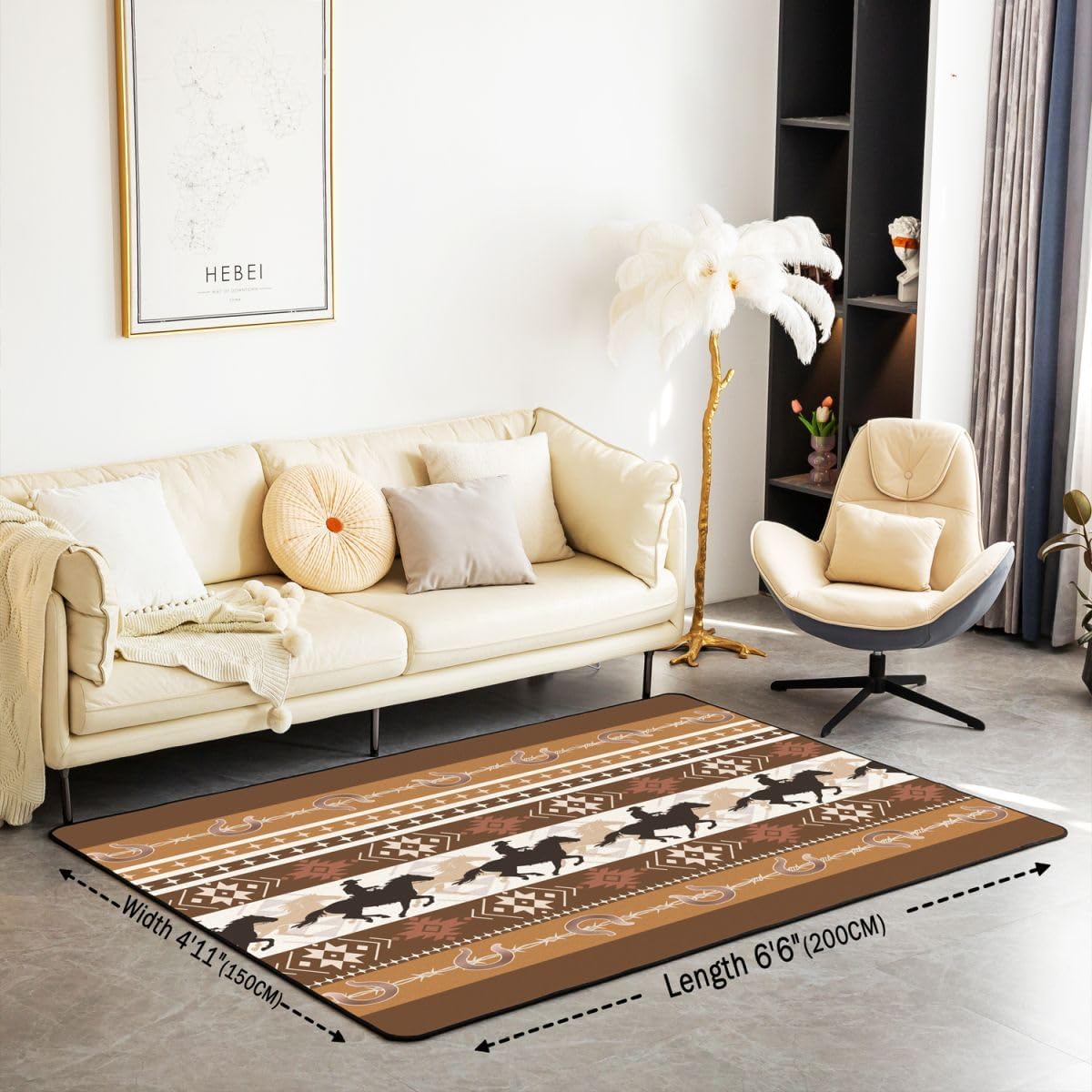 Feelyou Western Area Rug 5x7 for Bedroom Southwestern Living Room Rugs Soft Non-Slip Horse Decor Carpet Galloping Horse Indoor Floor Mat Tribal Brown Yellow for Home, Dining Room