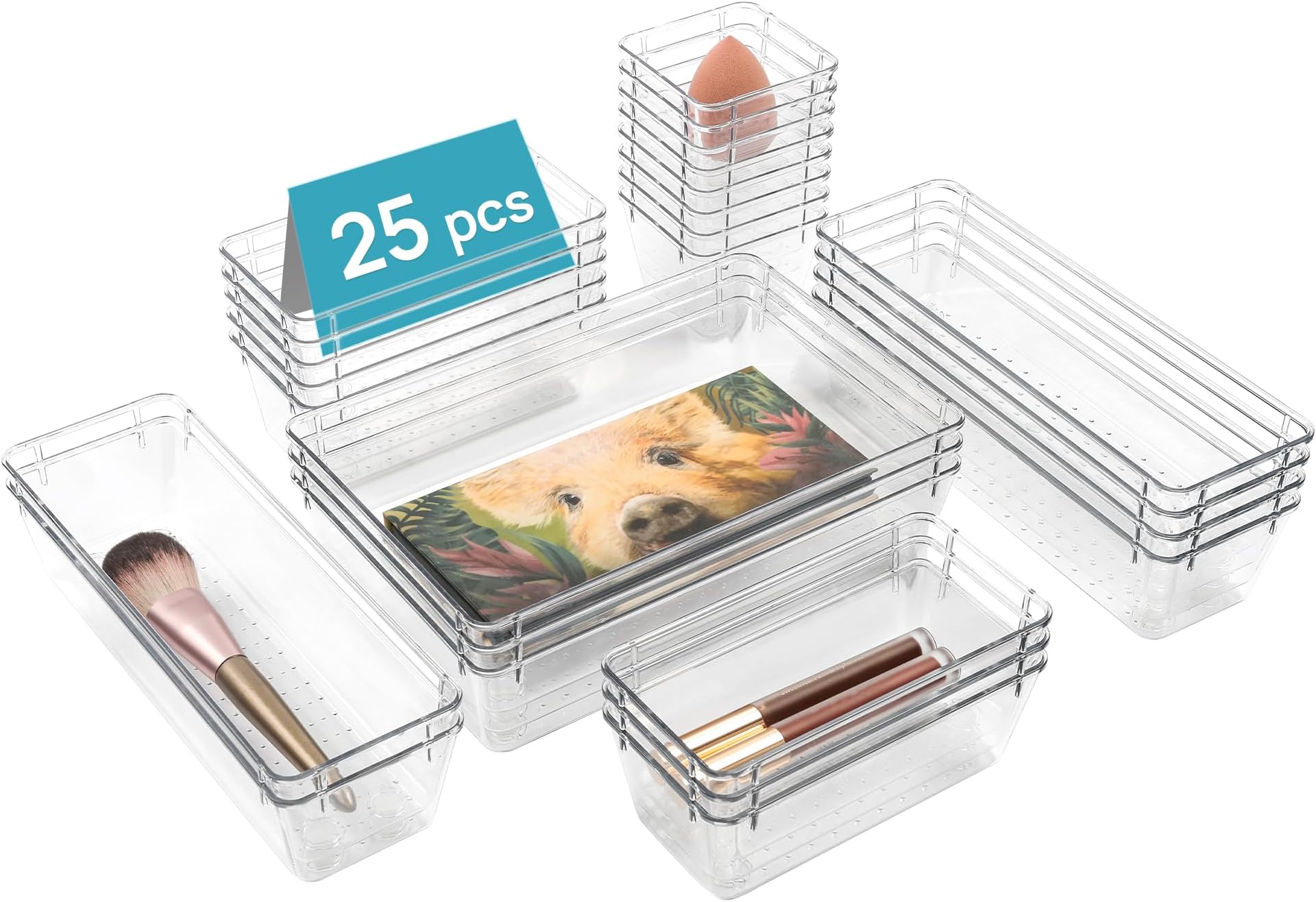 Vtopmart 4 Size 25 PCS Versatile Plastic Drawer Organiser Set, Bathroom and Vanity Clear Desk Drawer Organizer Trays for Makeup, Bedroom, Kitchen and Office