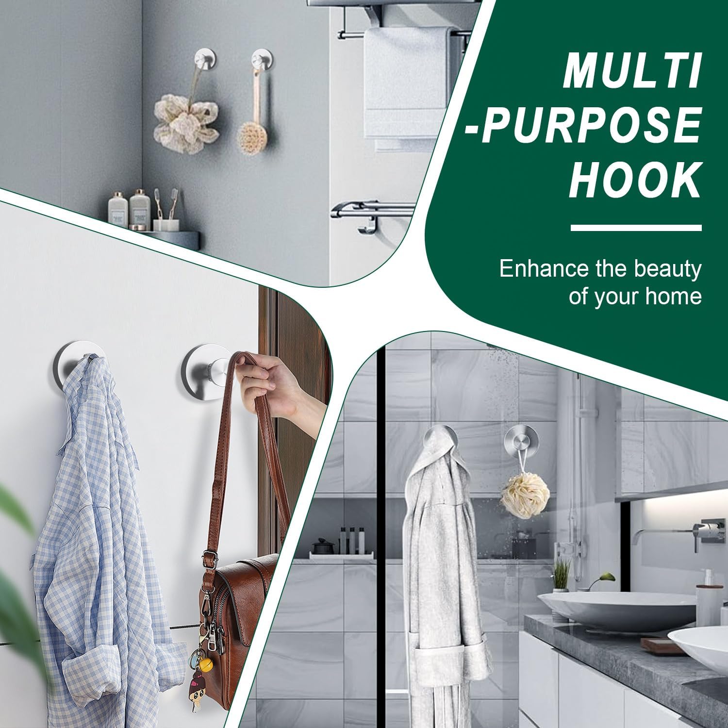 LECHI Suction Cup Hooks, Stainless Steel Waterproof Suction Cup Hooks,No Drill Towel Hooks for Bathroom Wall,Kitchen,Glass,Mirror,Tile to Hang Towels,Robes,Loofah-Silver (Sliver*4)