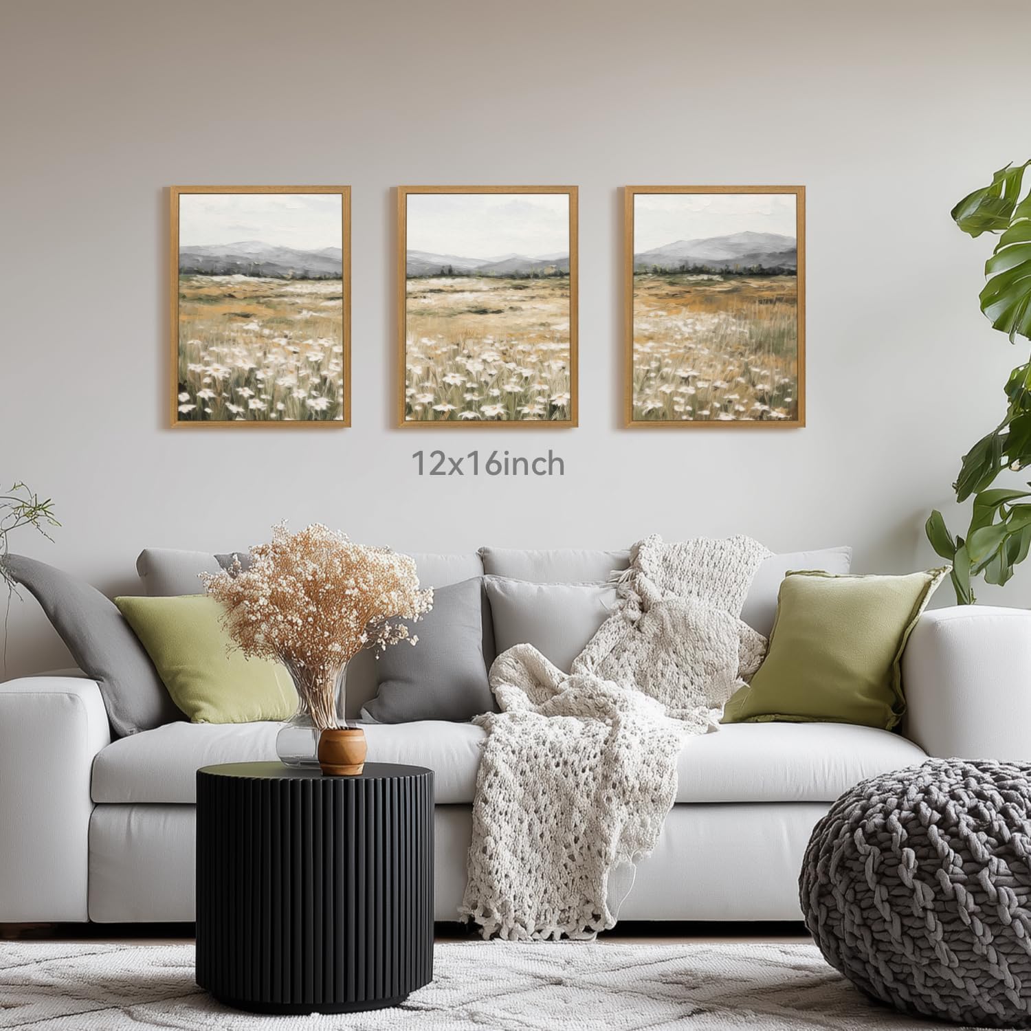 CAZLOUC White Wildflowers Wall Art Set of 3, Neutral Meadow Landscape Wall Decor, Minimalist Mountain Canvas Prints, Beige Rustic Field Paintings for Living Room Bedroom Wood Framed 12x16 Inch