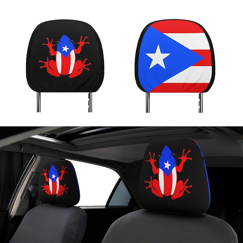Capas para Apoio de Cabeça de Banco Automotivo FEIONAGY com Estampa Sapo Taíno e Bandeira de Porto Rico Kit com 2