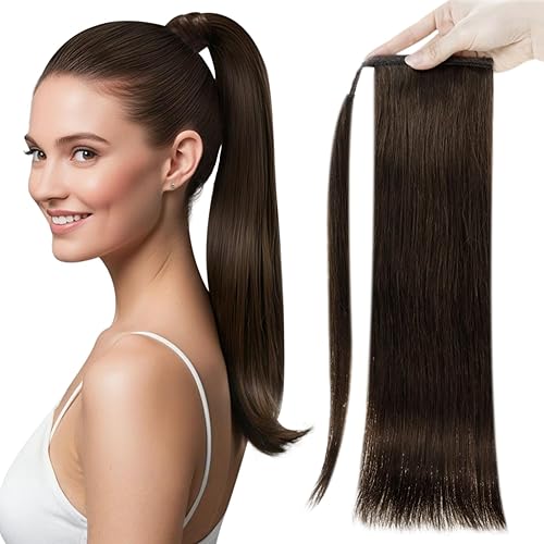 Full Shine - Extensiones de cola de caballo de cabello humano natural, corto, envuelto, marrón oscuro, con clip, para mujer, 70 g, 14 pulgadas