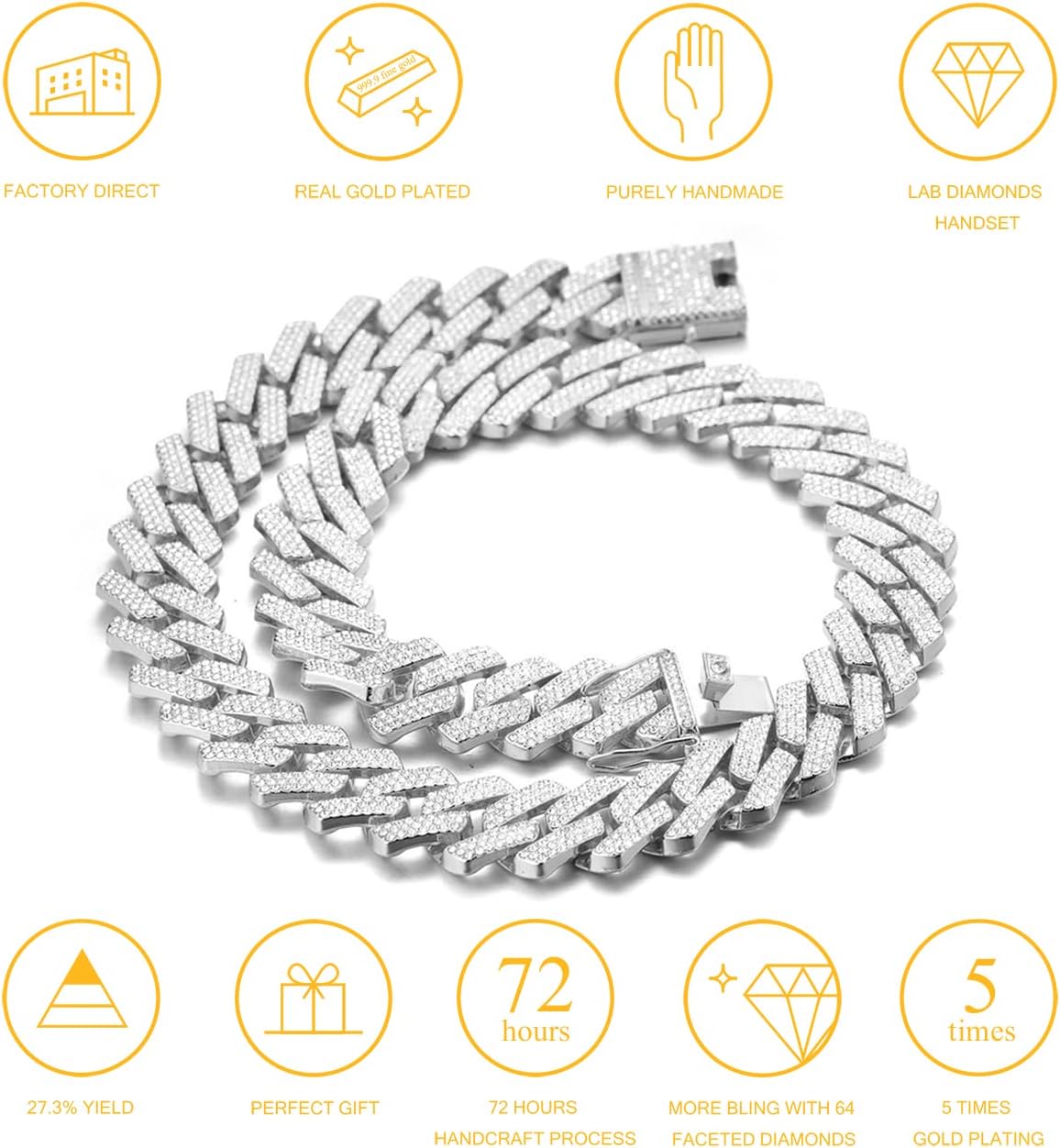 Halukakah Diamond Gold Chain for Men Iced Out,20MM Rhombus Lightning Three Row Diamonds 18k Real Gold Plated/Platinum White Gold Finish Necklace,Full Cz Diamond Cut Prong Set,Gift for Him