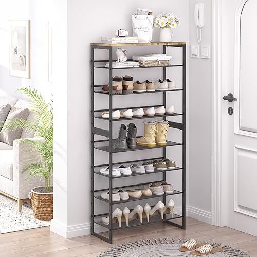 Miniatura 10 de Garden 4 you Zapatero organizador de 7 niveles, estante de almacenamiento de gran capacidad con mesa de madera marrón, estante de metal ajustable