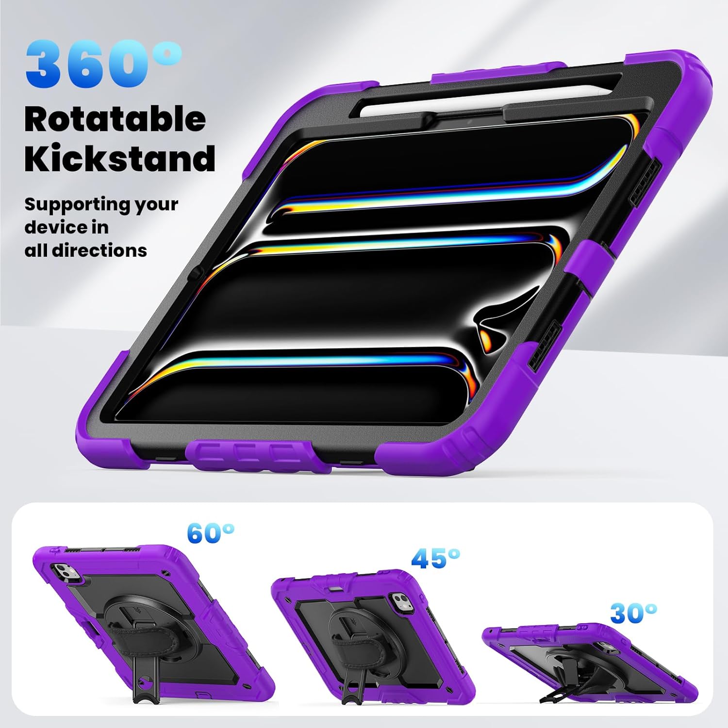 Case for iPad Pro 11 inch 2024 M4(5th Generation) with Screen Protector,Heavy Duty Shockproof Protective Tablet Case Cover with Pencil Holder,360°Rotating Stand,Hand/Shoulder Strap,Purple