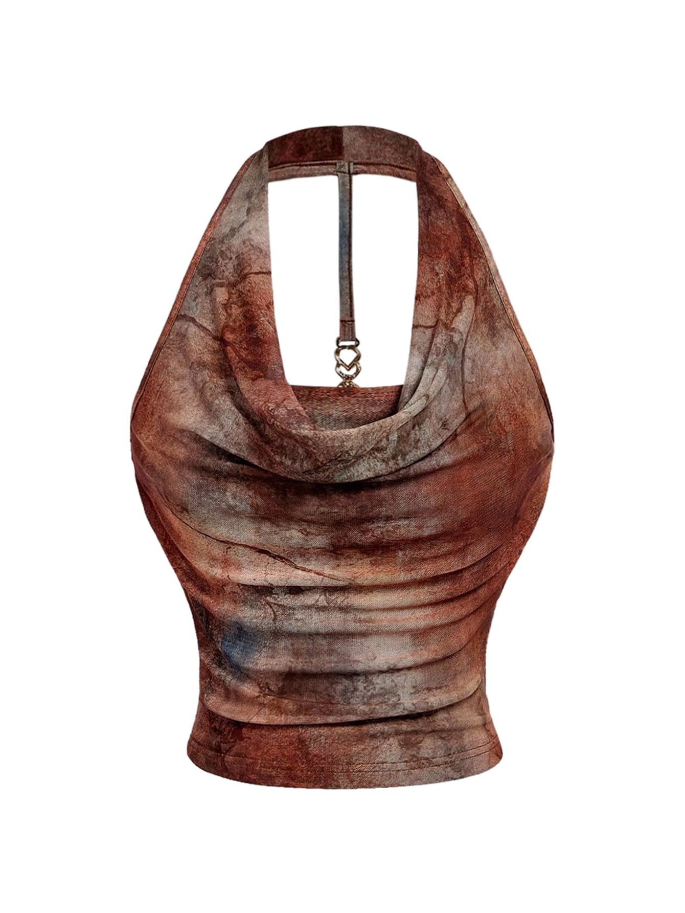 Women Tie Dye Cowl Neck Mesh Halter Top Ruched Slim Fitted Summer Tank Tops