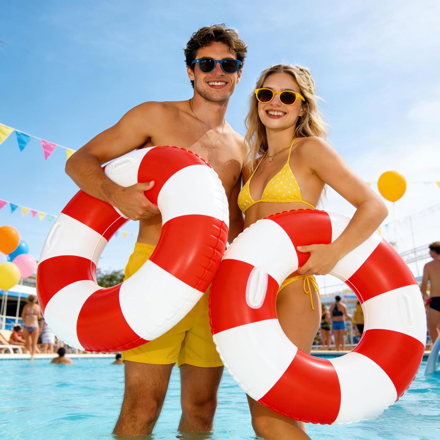 2 PCS Large 35 inch Inflatable Pool Floats for Swimming Pool Party Lake Beach Adults -Striped Floaties Pool Tubes Swim Rings Tubes Floaties for Beach Pool Party Decorations