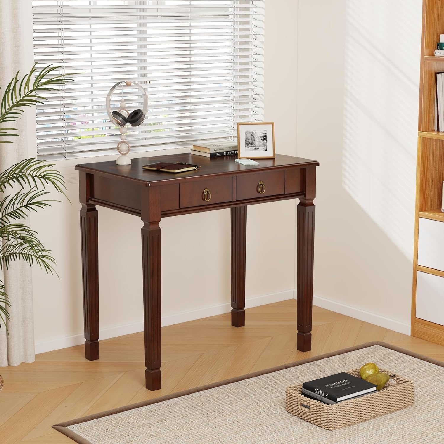 PADMA HOUSE Scrittoio in Legno Massiccio 80cm, Scrivania Vintage con 2 Cassetti, Tavolo da Studio Robusto per Computer e Ufficio, Mobile Salvaspazio Stile Classico