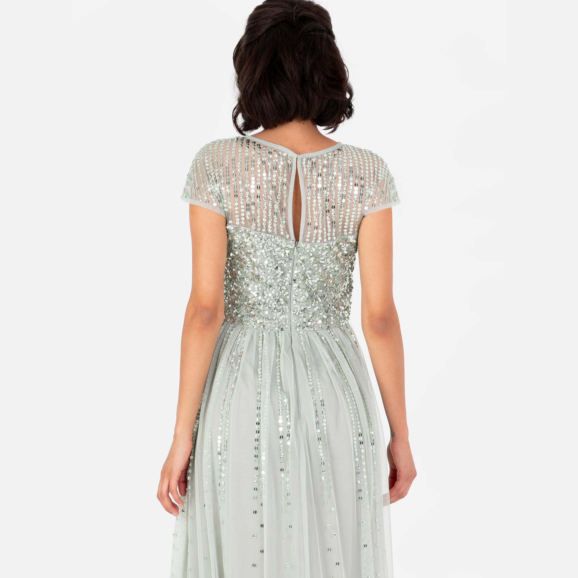 Maya Deluxe Damska sukienka maxi, z okrągłym dekoltem, z paskiem w paski, z haftowaną koszulką, z motywem nagrody A-line, Green Lily, 36