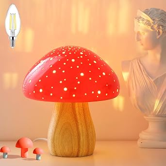 BOHON Mushroom Lamp Ceramic Bedside Table Lamp, Red | Bedroom Nightstand Retro Vintage Red Night Light, Small Lamp for Living Room Desk Home Decor Aesthetic, LED Bulb Included