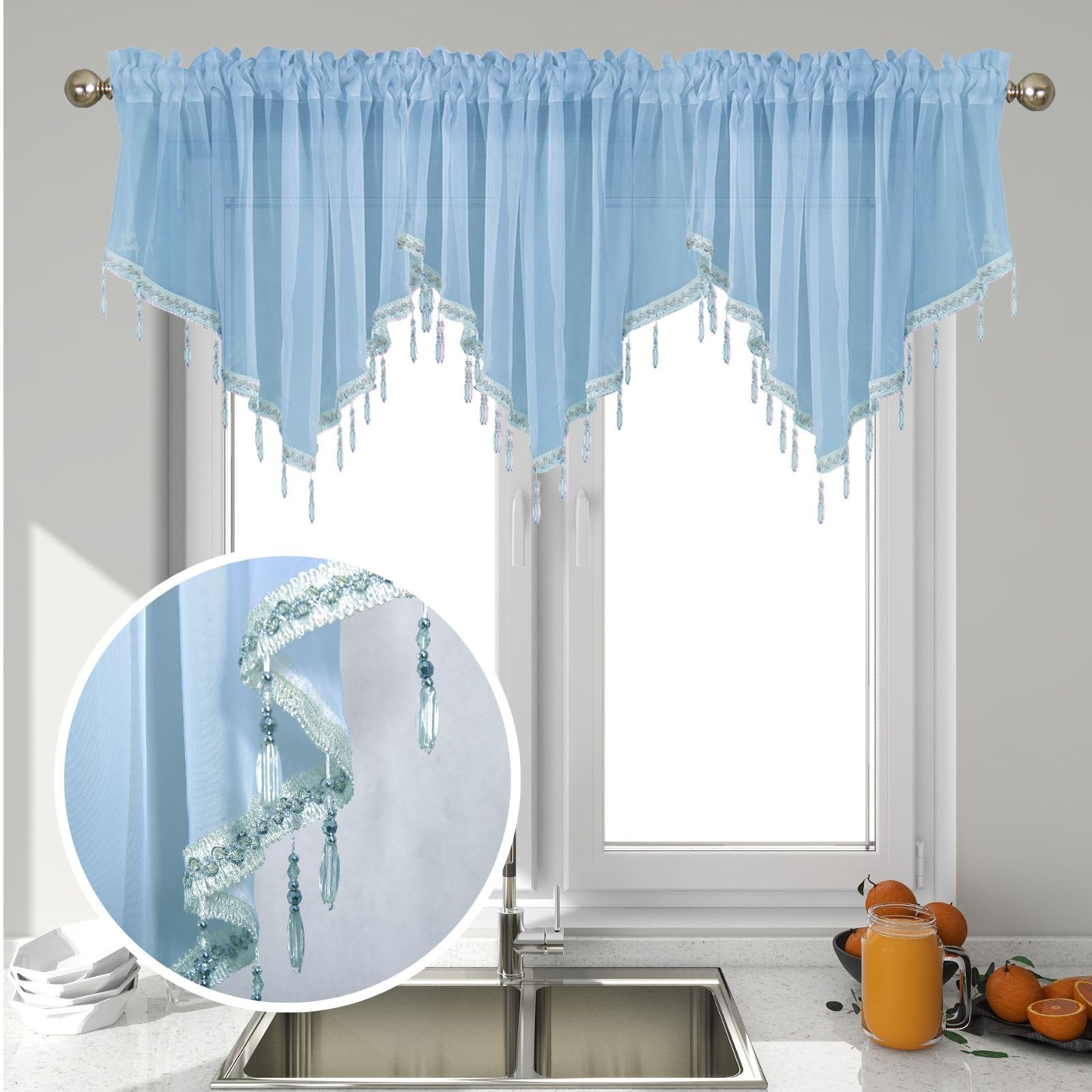 Huierxun 3 Piece Beaded Triangle Sheer Valance Curtains for Windows Kitchen Living Room Bathroom Bedroom Voile Sheer Rod Pocket Short Window Valance
