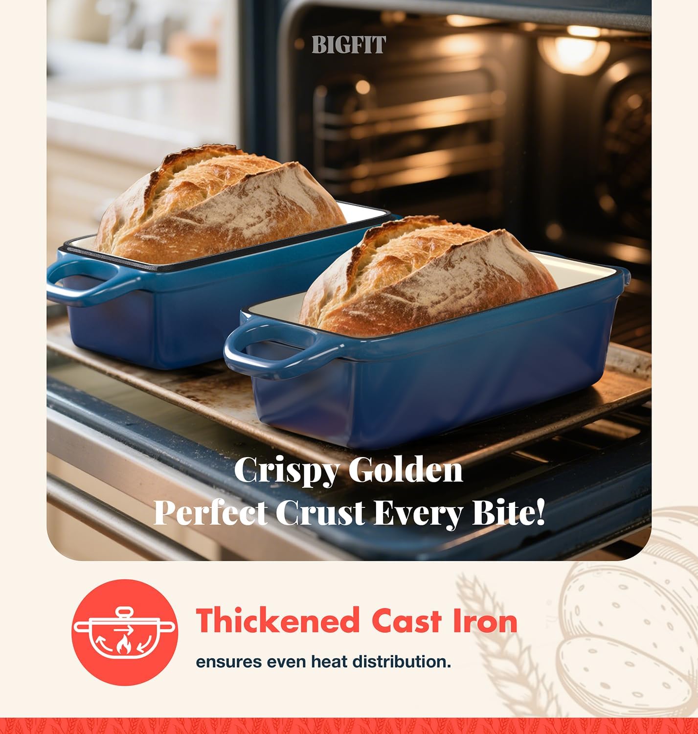 2 IN 1 Cast Iron Bread Loaf Pan with Lid, 3.4QT 9x5 Inch Dutch Oven for Bread Baking, Even Heating Bread Oven, Enameled Bread Pan for Homemade Sourdough Bread Baking & Versatile Cooking, Blue - Image 8