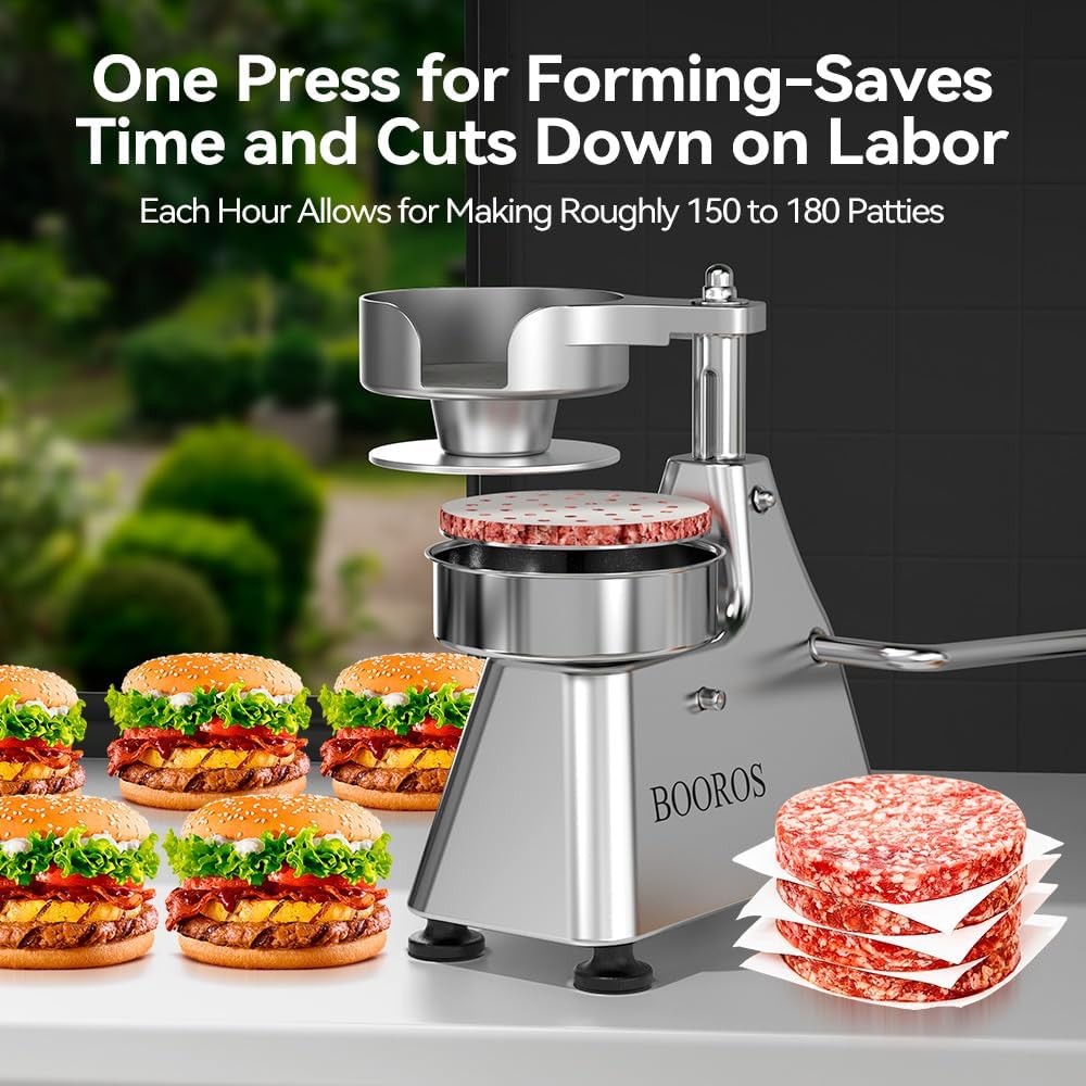 BOOROS Commercial Burger Patty Maker 3 in 1 Stainless Steel Burger Press 4/5/6 Inch Hamburger Press Patty Maker, Easy to Clean,Comes Equipped with 1200 Pcs Patty Papers for Beef Pork Chicken Patty
