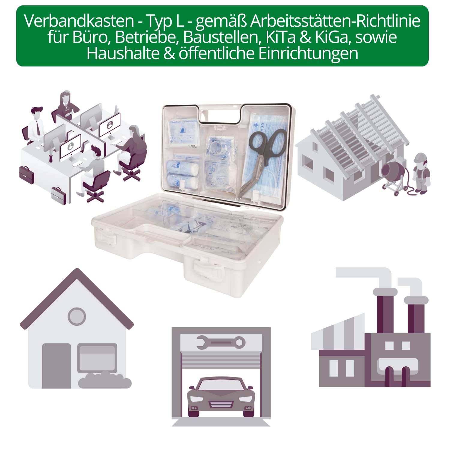 Erste Hilfe Kasten DIN 13169:2021, Erste Hilfe Koffer - LARGE - mit Wandhalterung, Verbands-Kasten gemäß ASR, ABS-Kunststoff - bruchsicher & schlagfest - mit Platz für mehr - Typ L (weiss), HierBeiDir