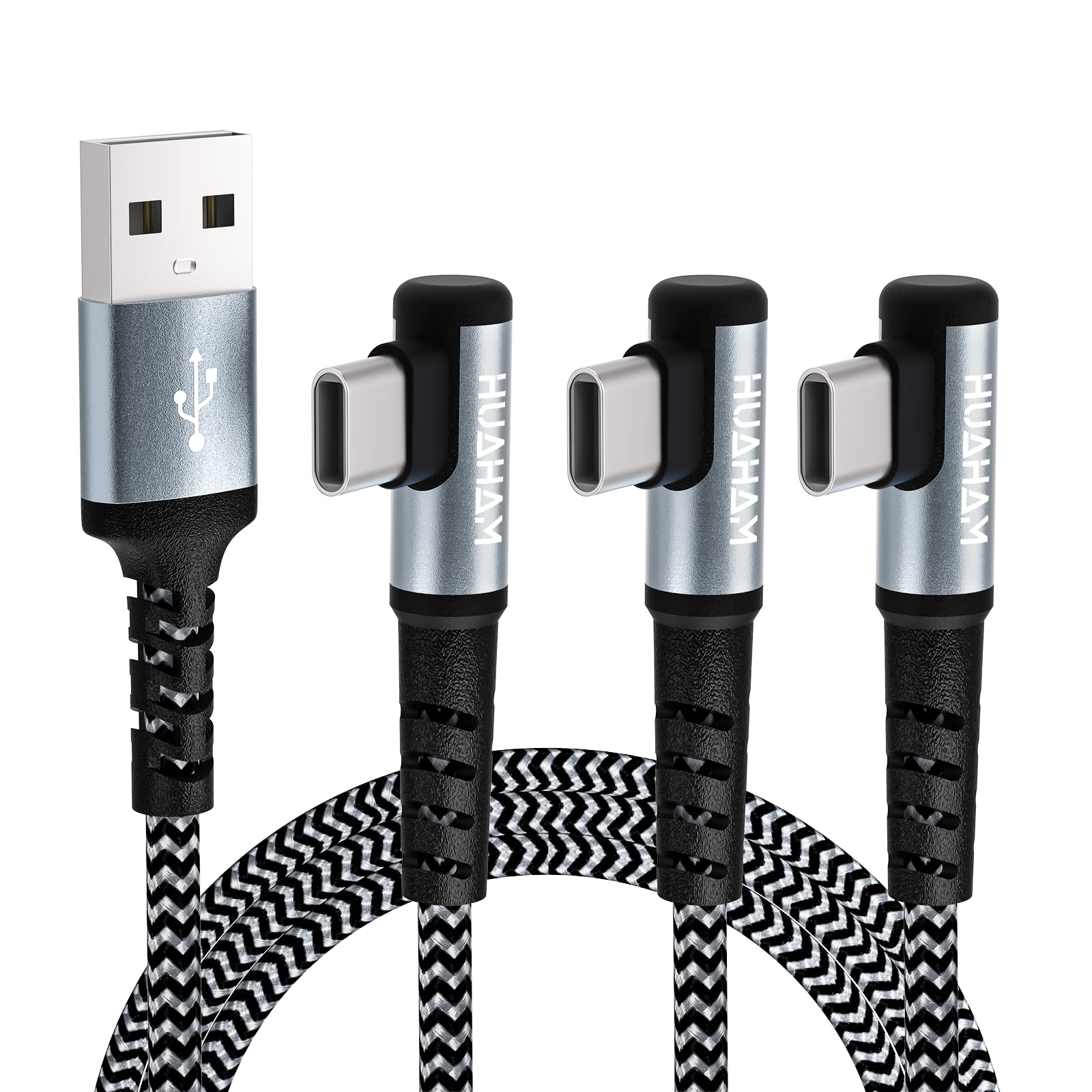 huaham USB A to USB C Cable [3Pack, 1m,1.8m,1.8m 3A/60W Fast Charging USB C Cable Right Angle, Durable Nylon Braided Type C Charging Compatible with Galaxy S10 S9 Plus S21