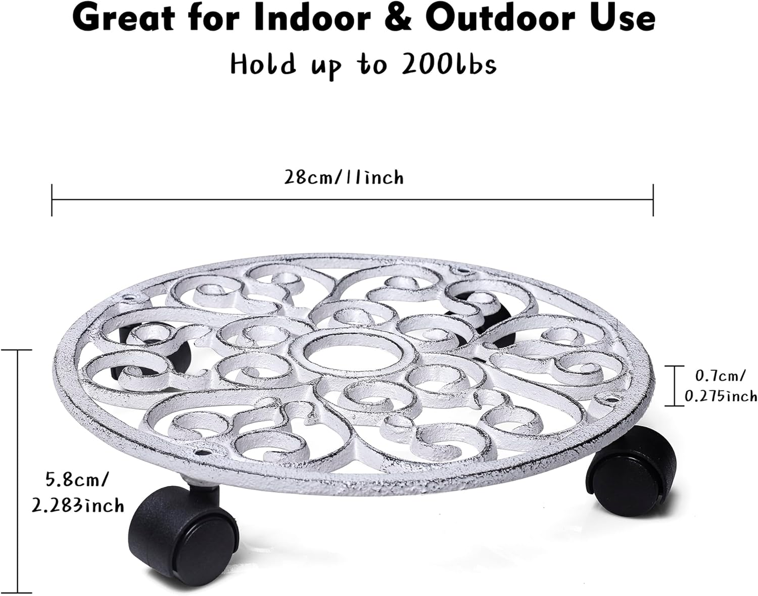 2pcs Heavy Duty Cast Iron Flowerpot Holder Plant Caddy 11 inch, Flower Stand Round Planter Holder with 4pcs 360° Caster Wheels - Rustic White