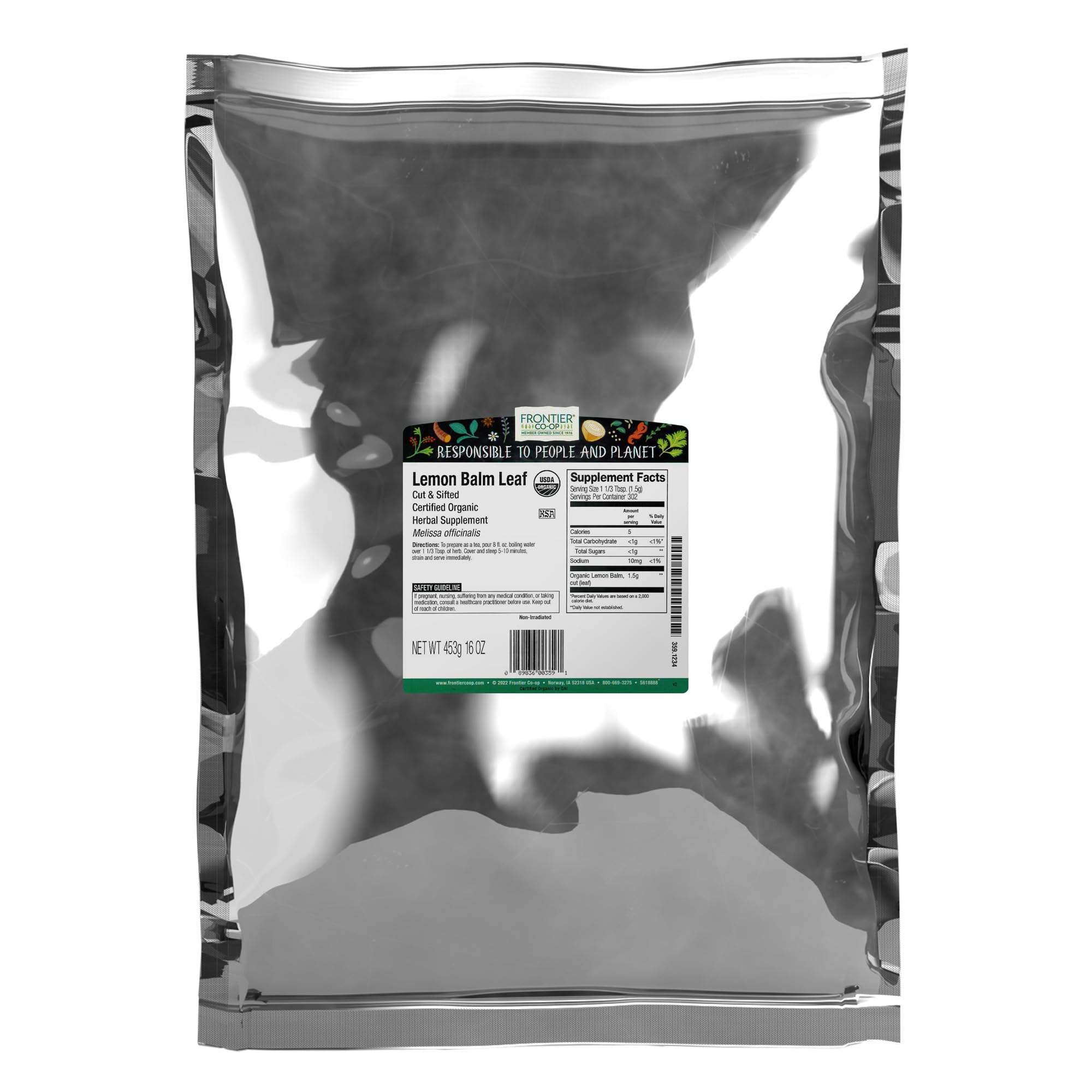 Frontier Co-op Organic Lemon Balm Leaf, Cut and Sifted, Kosher, Bulk Bag - Dried Lemon Balm Herb Loose Leaf Tea - Melissa Tea, Toronjil | 16 Ounce (Pack of 1)